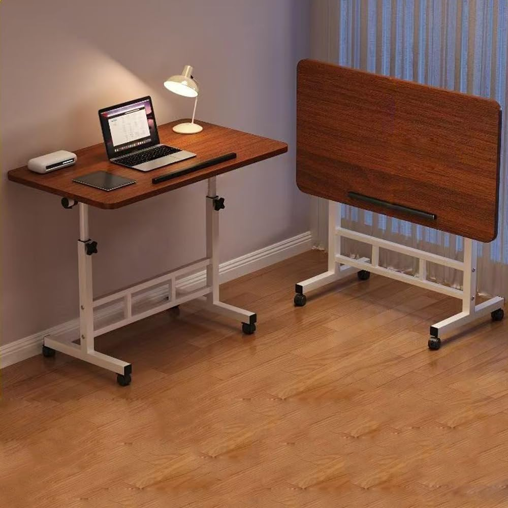 Hbluefat Mobile Small Rolling Computer Desk, 31.5" Folding Adjustable Height Laptop Cart Table with Wheels, Portable Flip Office Work Desk for Home Office, Small Space (Walnut)