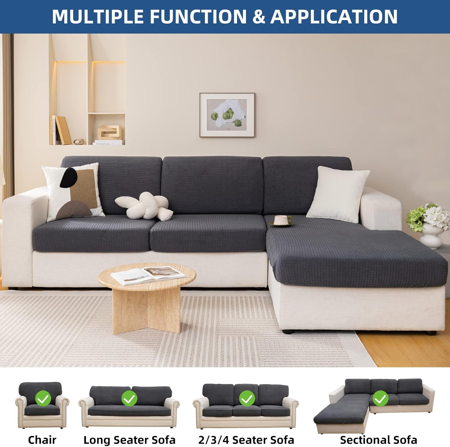 Eismodra Sectional Couch Covers Chaise Cushion Cover for Sofa L Shape Chaise Lounge Magic Stretch 3 Cushion Couch Slipcover for Dogs L Shaped Replacement Protector,Dark Gray X-Large(Only 1 Piece) image number 3