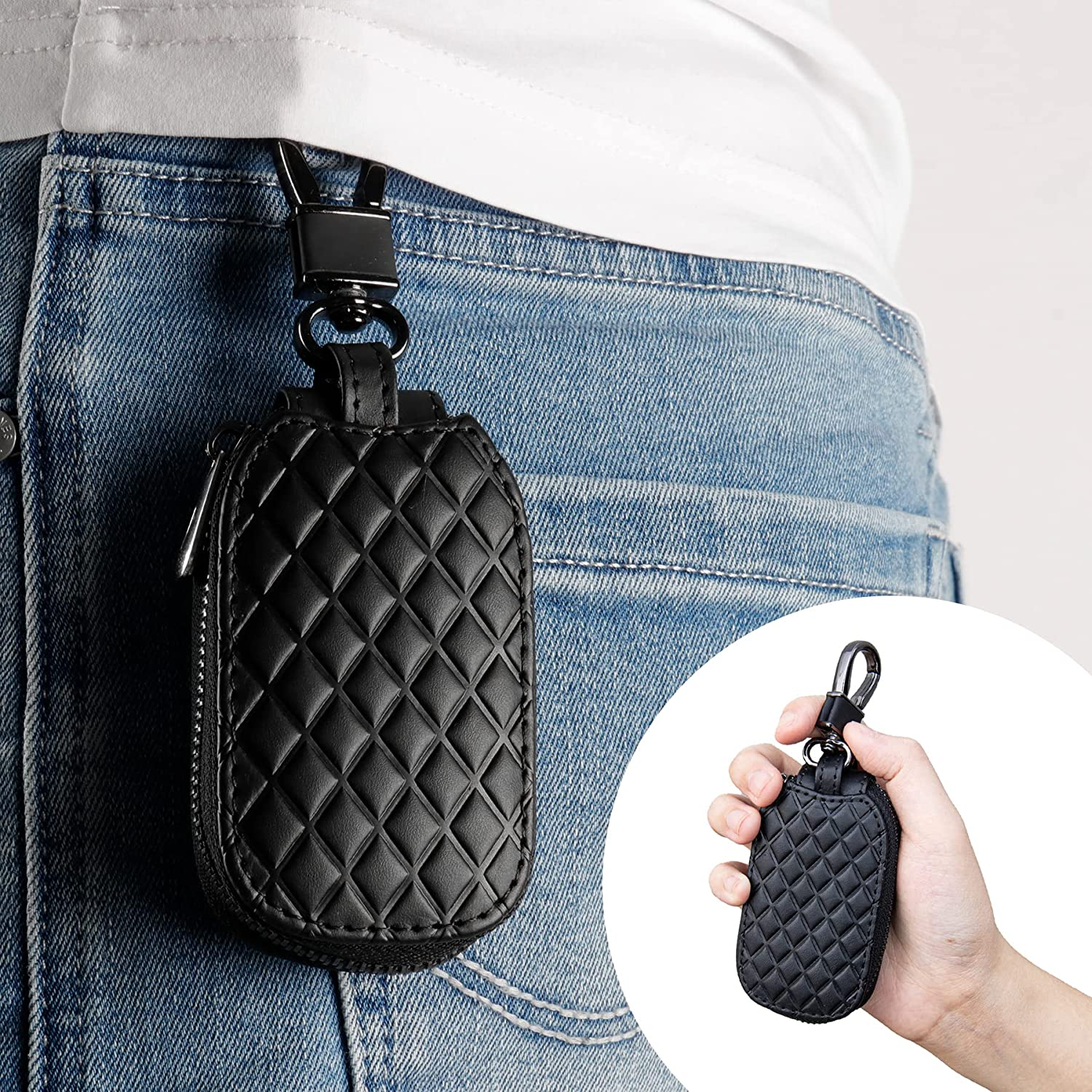 Amiss Universal Key Fob Cover Case, Genuine Leather Car Smart Key Protector with Metal Hook, Keyring Zipper Bag for Remote - Black Plaid image number 5