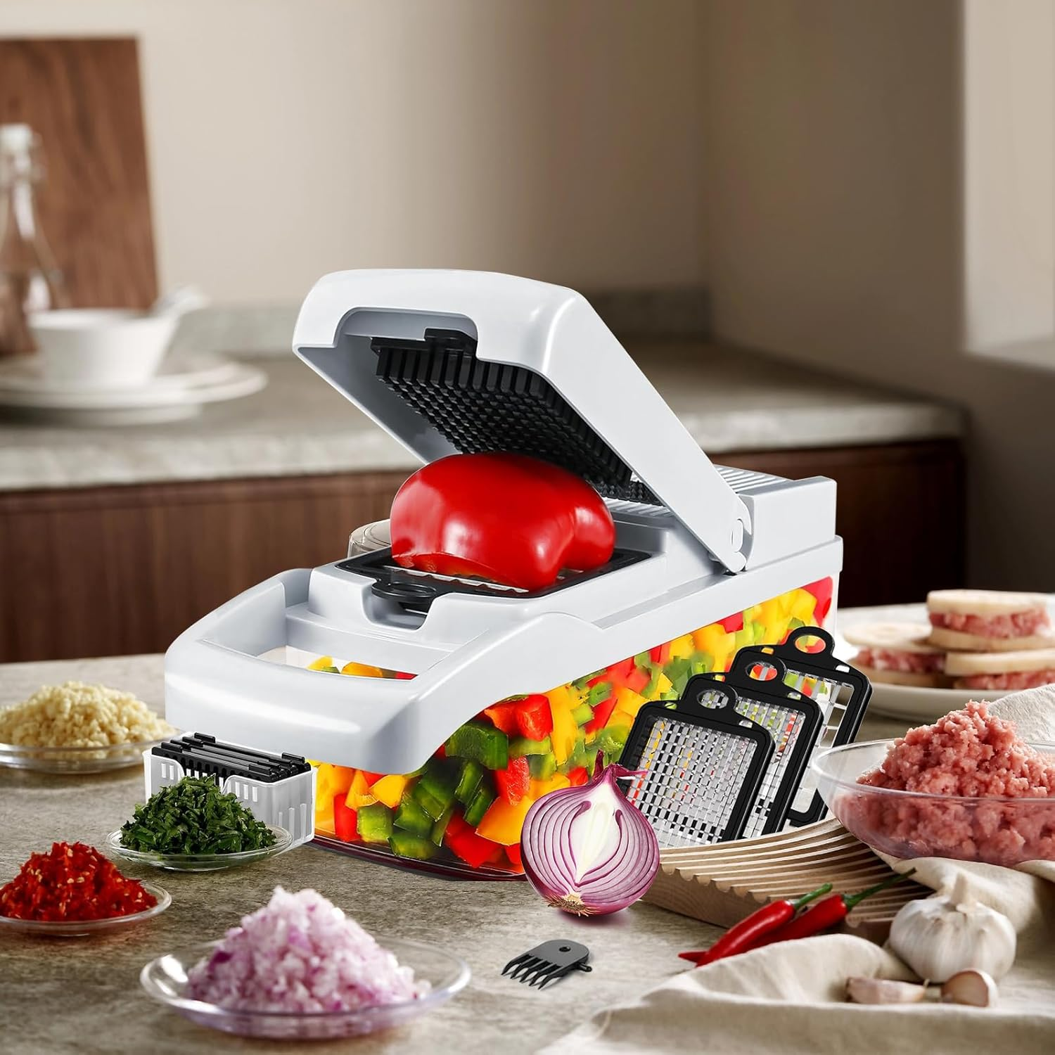 Vegetable Chopper 22 in 1 Multifunction Onion Chopper Dicer, Spiralizer for Veggie Cutter, Mandoline Slicer, Food Chopper with Container, 9 Blades image number 6