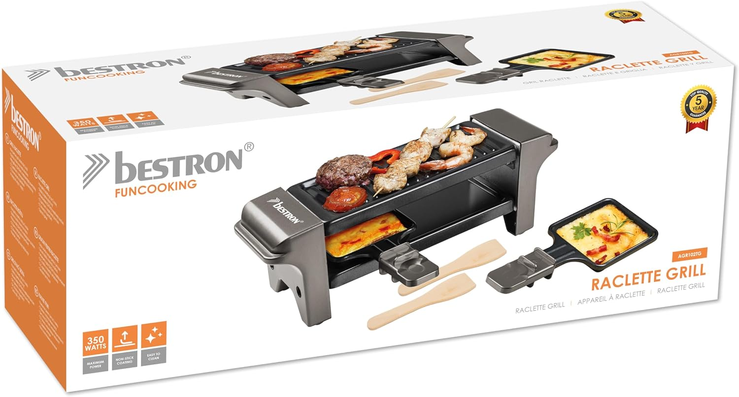 Bestron Raclette, Mini Grill for 1 to 2 People, with 2 Pans and 2 Spatulas, with Non-Stick Coating, 350 Watts, Colour: Grey - Black image number 3