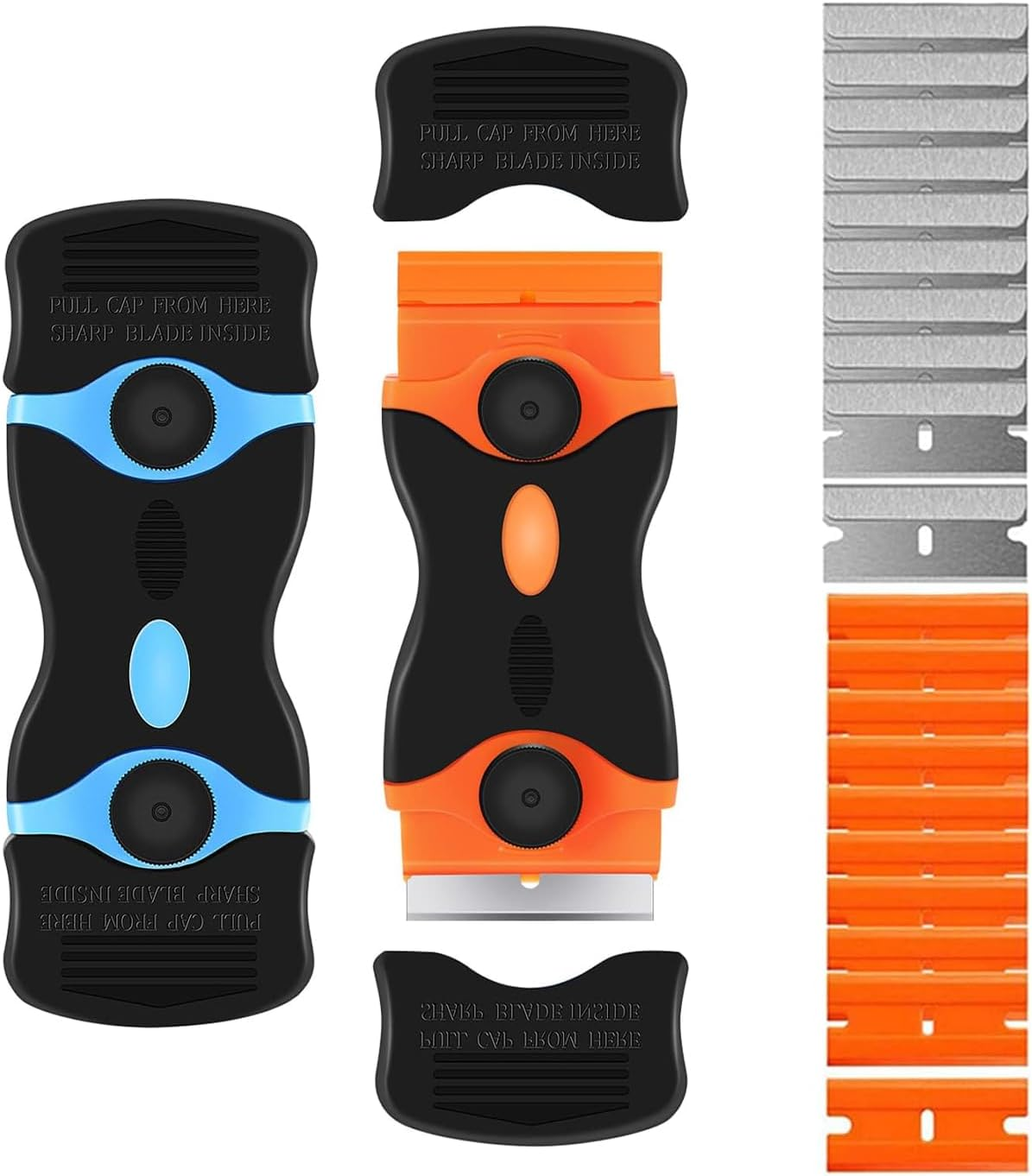 2 Pack Multi-Purpose Cleaning Razor Scraper, 2-In-1 Scraper Tool with 10Pcs Plastic Blades and 10Pcs Metal Blades for Scraping Labels, Decals, Stickers, Paint from Glass, Stovetop, Subfloor