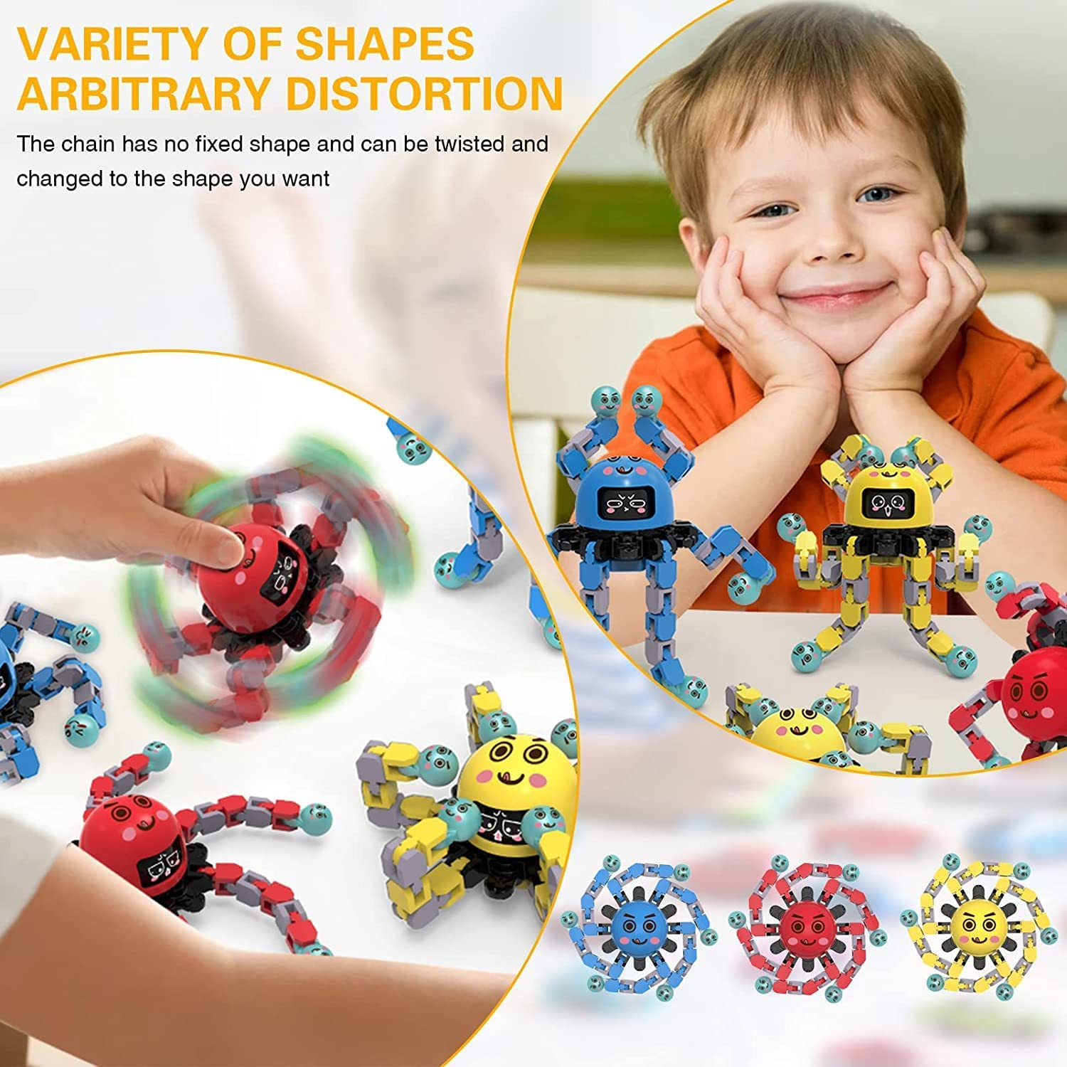 Transformable Fidget Spinner Toys, 3 Pack Fun Cartoon Face Swap Fingertip Spinner, Glow in the Dark, Deformable DIY Mechanical Chain Robot Fingertip Gyros, Decompression Gifts for Kids and Adults image number 1