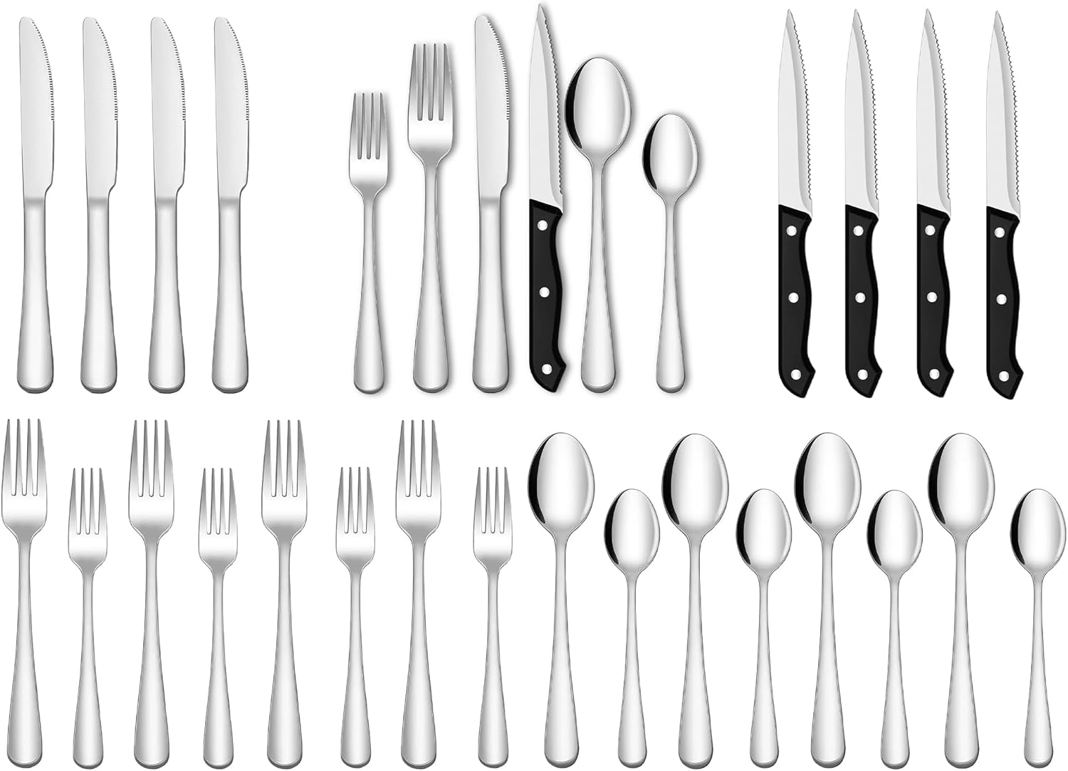 SHEUMNT 24-Piece Black Silverware Set with Steak Knives, Stainless Steel Cutlery Set, Food Grade Flatware Set Service for 4, Mirror Polished Tableware for Home Restaurant