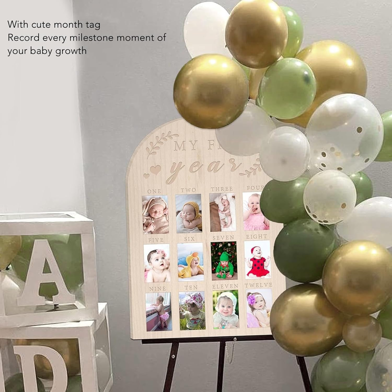 One Year Birthday Wooden Photo Board, My First Year Milestone Photo Board 12 Monthly Picture Frame, Baby Keepsake Frame, First Birthday Celebration Decoration, Nursery Decor Gift image number 2