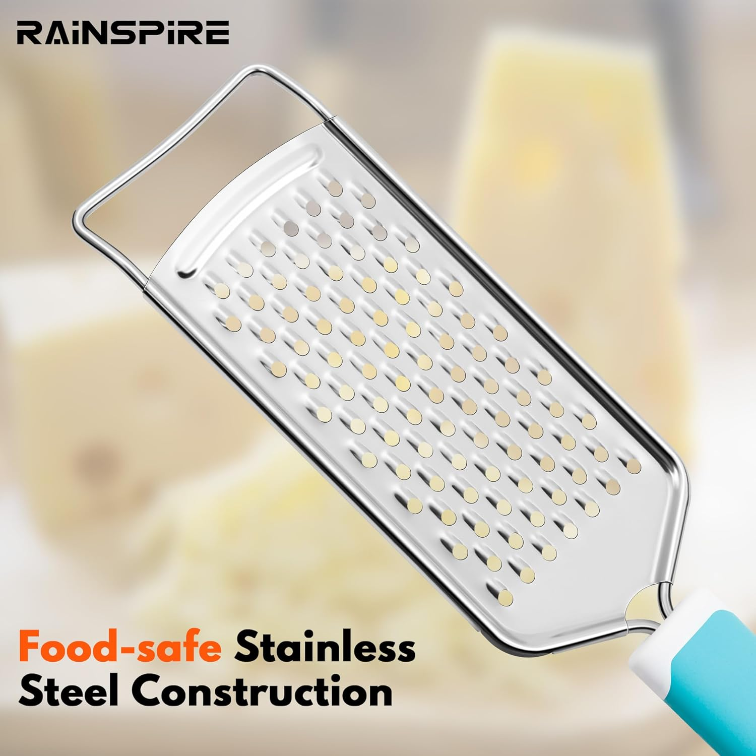 Rainspire Professional Cheese Graters for Kitchen Stainless Steel Handheld, Metal Lemon Zester Grater with Handle for Cheese, Chocolate, Spices, Kitchen Gadgets Tools, Soft Grip Handle (Blue) image number 4