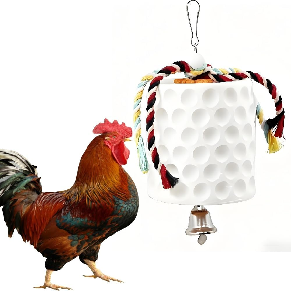 Large Chicken Chewing Toy with Bells, Calcium Stone for Beak Grinding, Cage Toys for Cockatiel Parakeet Parrot Budgies, Chicken Coop Accessories for Hamster Rabbit Bunny Rat (Pink)