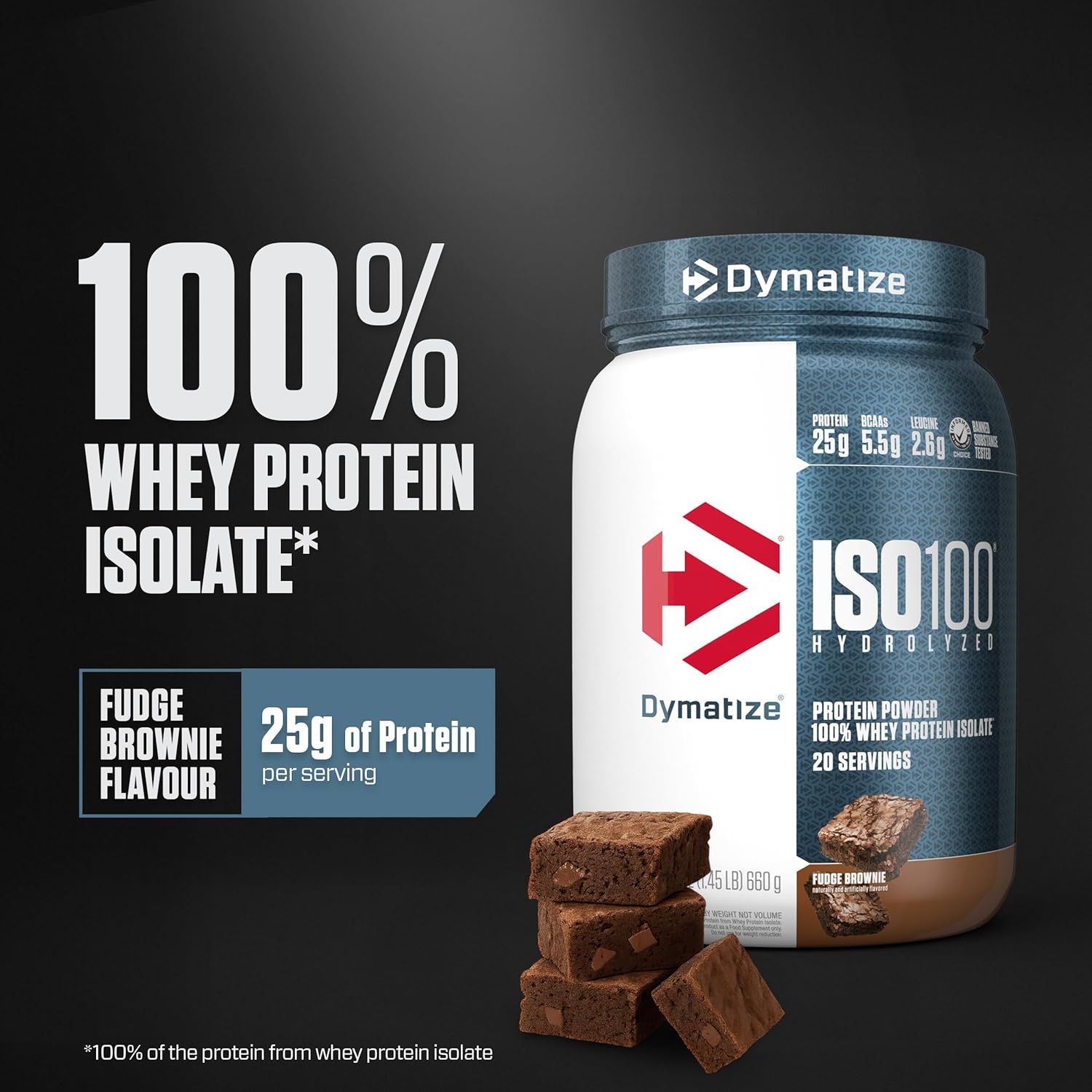 Dymatize Iso-100 Hydrolyzed Whey Protein Isolate 20 Serves Fudge Brownie 640 Gram image number 2