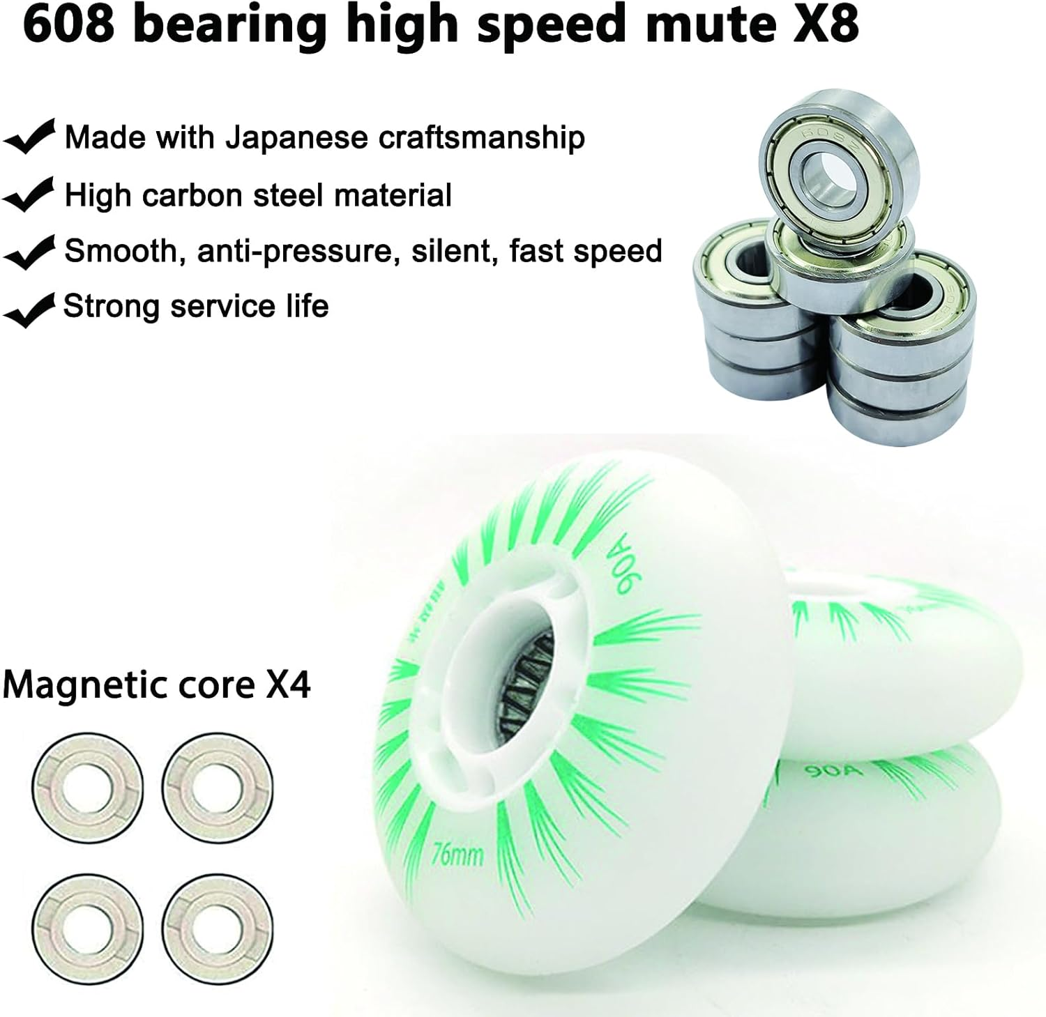 FYANER Light up Inline Skate Wheels 4 Pack - Luminous Flash Inline Skates Replacement Wheel (Green, 76Mm) image number 3