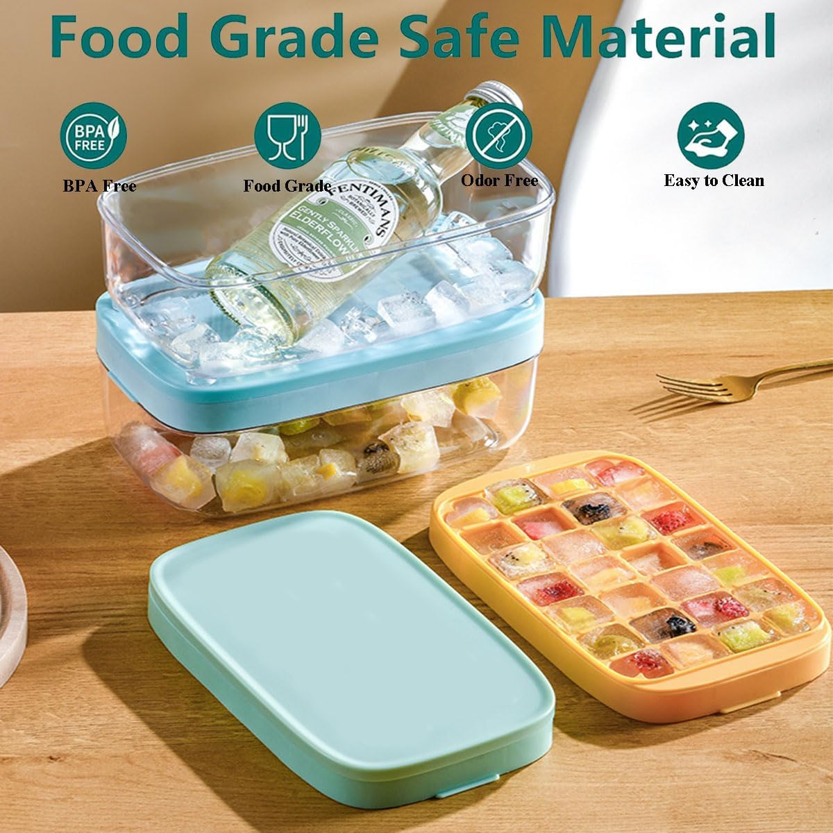 Ice Cube Tray with Lid and Bin, 28 Pcs Ice Trays for Freezer, Food Grade Plastic Ice Cube Mold, Easy Release & Stackable Ice Contrainer with Ice Scoop, for Drinks, Cocktail and Food Fresh (Yellow) image number 4