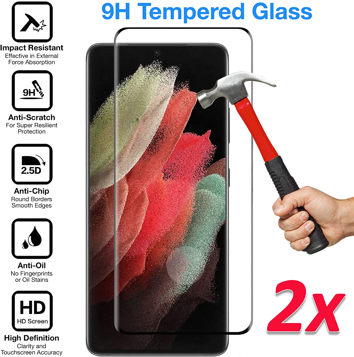 MEZON [2 Pack] Full Coverage Tempered Glass for Galaxy S21 Ultra 5G - Crystal Clear Premium 3D Edge 9H HD Screen Protector (S21 Ultra 5G, 9H Full) image number 1