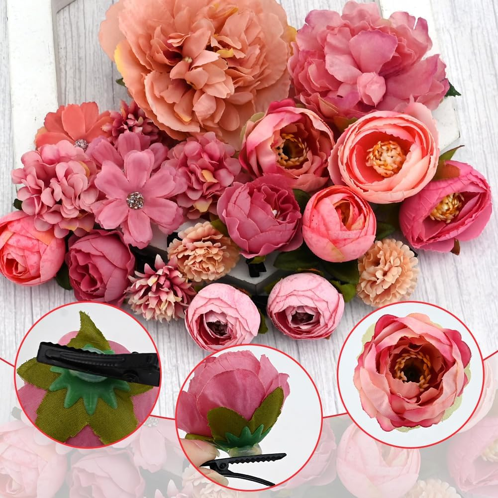Homiliky Silk Fabric Flower Hair Clips - 21PCS Realistic 3D Rose Hairpins for Women, Multiple Elegant Designs Boho Wedding Beach Party Hair Accessories (Pink Series) image number 5
