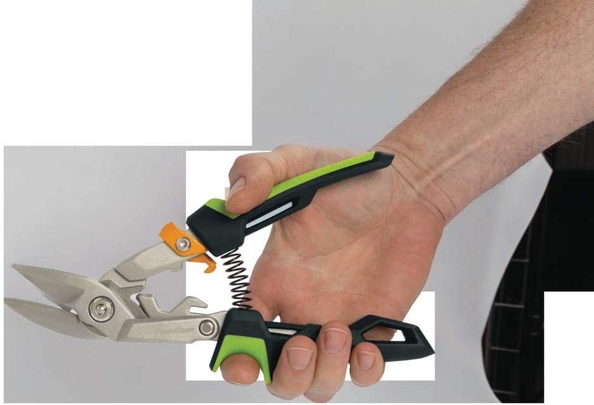 Fiskars Powergear 1027210 Tin Shears Offset Right Cut up to 40% More Strength 10" Heat Treated Steel/Plastic Black/Green/Orange