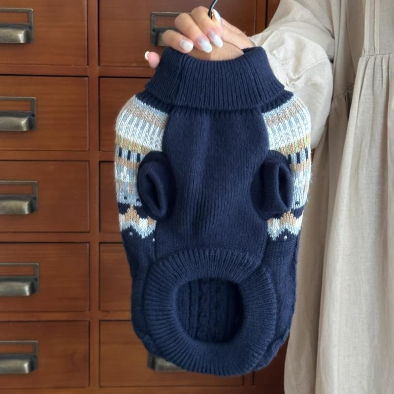 Fnaobai Knit Dog Sweater Turtleneck Cat Cold Weather Pullover Pet Vintage Cable Thick Warm Winter Clothes for X Small Dogs Cats Medium Pug Dachshund Yorkie (Navy, Medium) image number 1