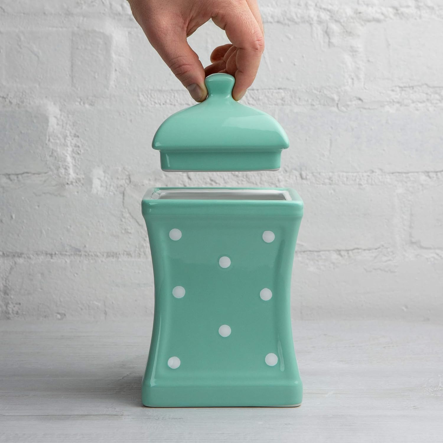 Handmade Teal Blue and White Polka Dot Large Ceramic 31.5Oz/900Ml Kitchen Storage Jar with Lid | Pottery Canister, Cookie Jar, Housewarming Gift by City to Cottage&reg; image number 2