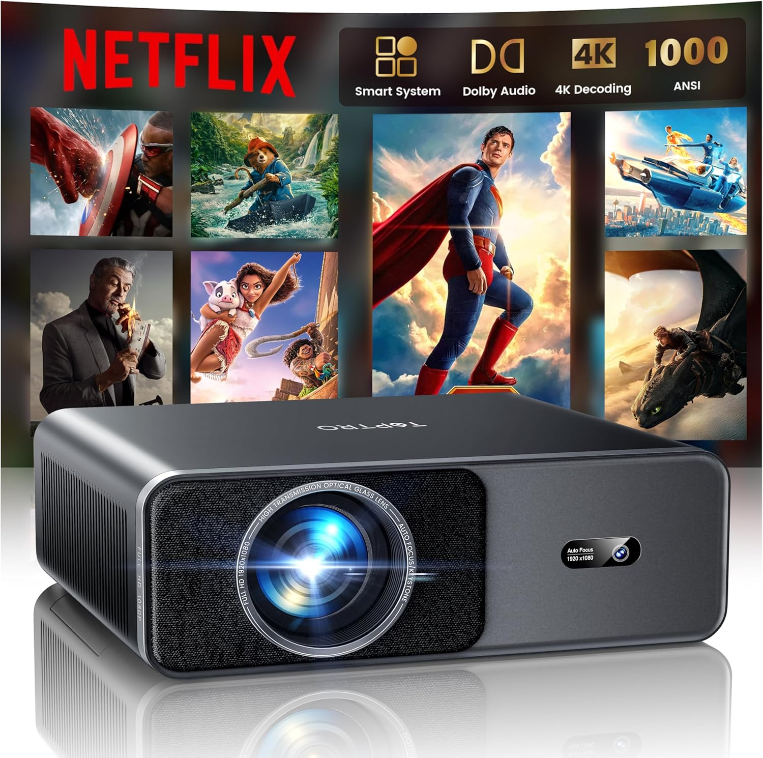 4K Projector【Official Netflix/Dolby】 1000ANSI Smart Projector Auto AI Image Adjustment, Native Portable Projector 1080P with Wifi 6 Two-Way BT5.2 50% Zoom for Home Theater/Outdoor Mobile