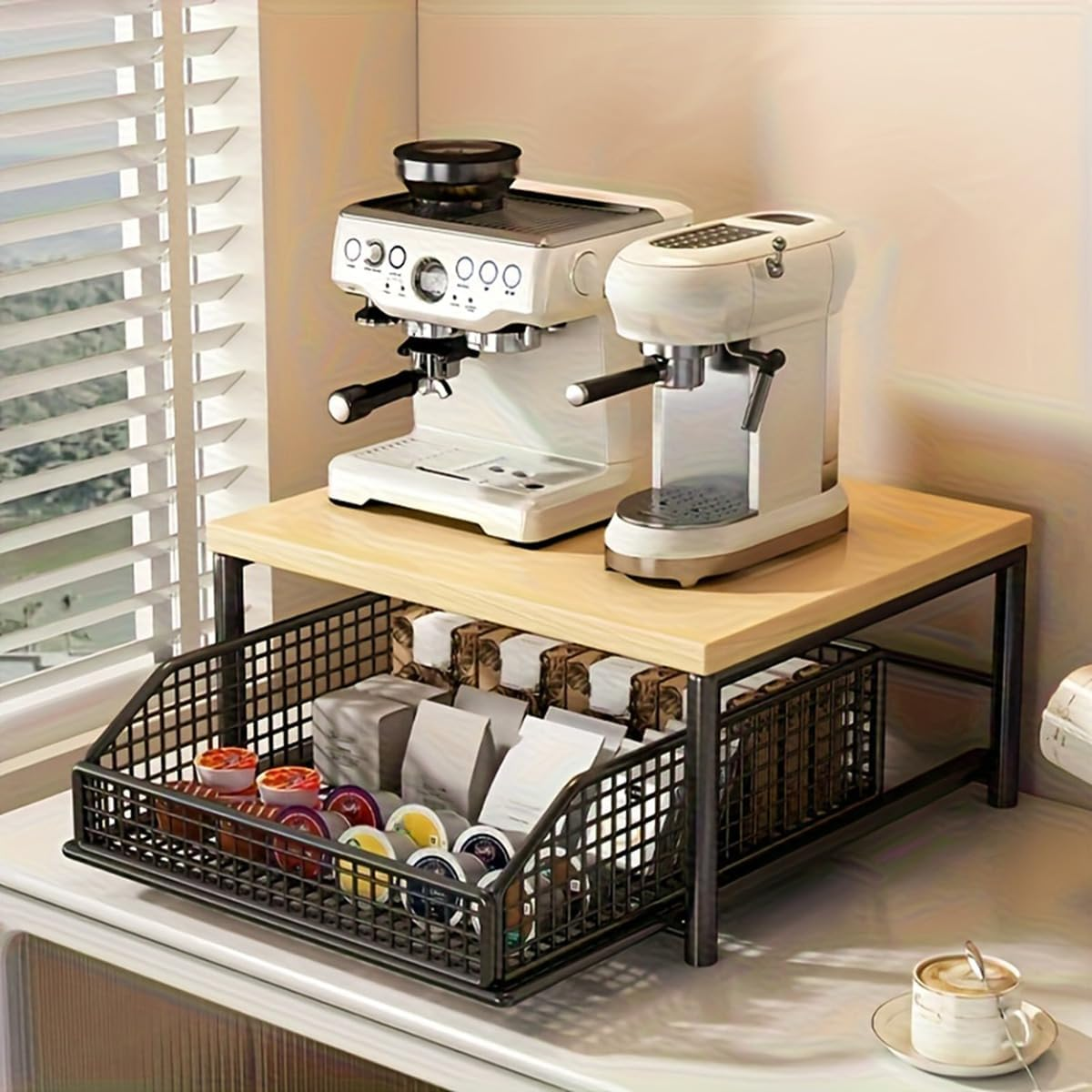 Jindanju Sturdy Hardwood Shelf for Coffee Maker-Space-Saving Kitchen Countertop Organizer with Drawer& Wire Basket Black image number 3