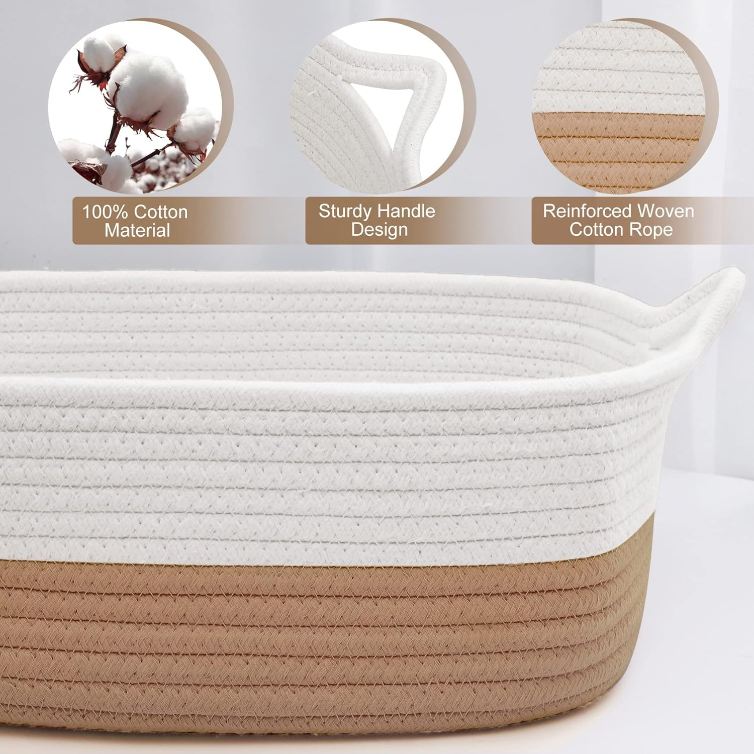 Abenkle Small Storage Basket with Handles, Cotton Rope Woven Dog Cat Toy Bin, Decorative Shelves Closet Organizing for Nursery Laundry Bedroom Bathroom, 14.2''X 11''X 5.1'' - All Pink image number 6