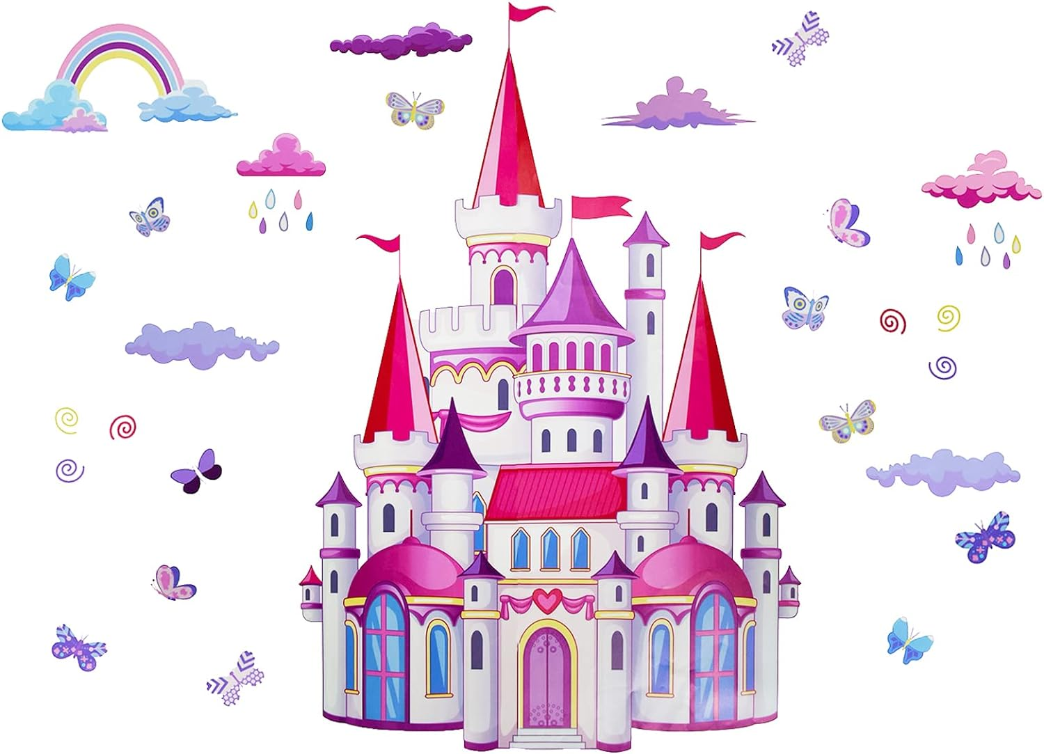 Pinenjoy Cartoon Castle Wall Decal Colorful Rainbow Clouds Butterfly Wall Stickers 39X30Inch DIY Removable Self-Adhesive Vinyl Wall Clings for Girls Bedroom Nursery Classroom Living Room Decors image number 1