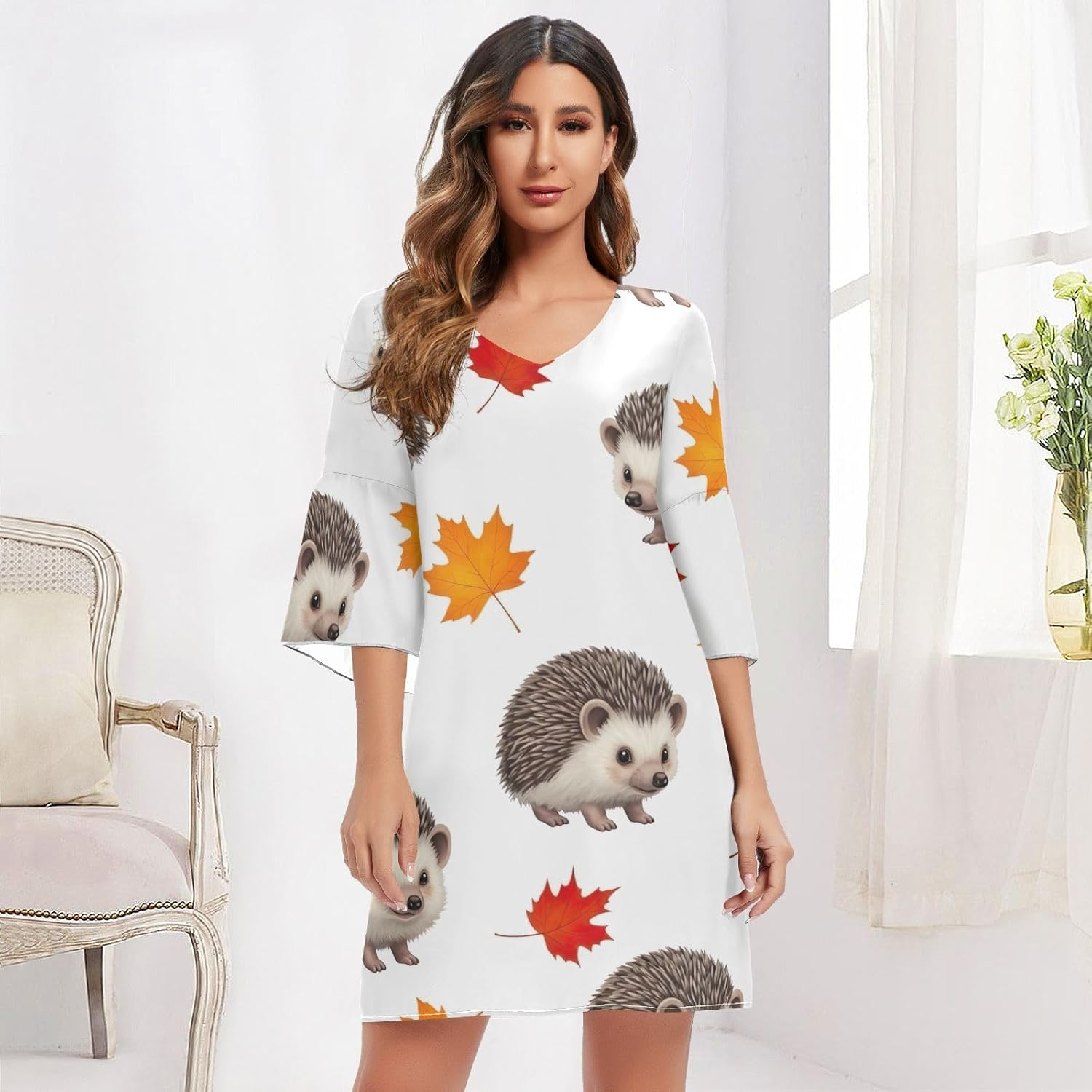 Hedgehog Fall Leaves Chiffon Dress Printed Line Maternity Dress image number 2