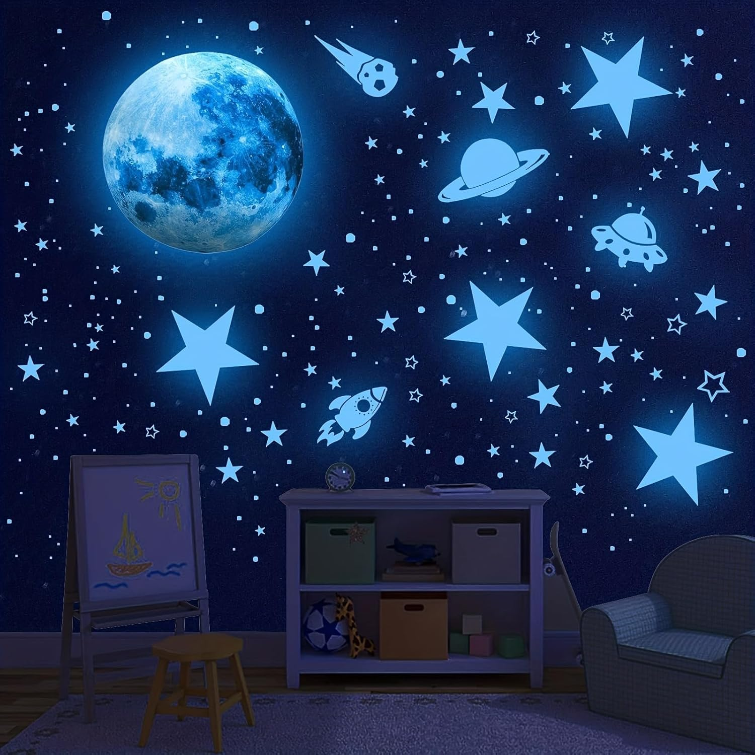 603Pcs Glow in the Dark Stars Wall Stickers, Glow in the Dark Stars Ceiling, Moon Wall Decals Planets Solar System Wall Stickers for Kids Boys Wall Sticker for Nursery Bedroom Living Room (Blue) image number 2