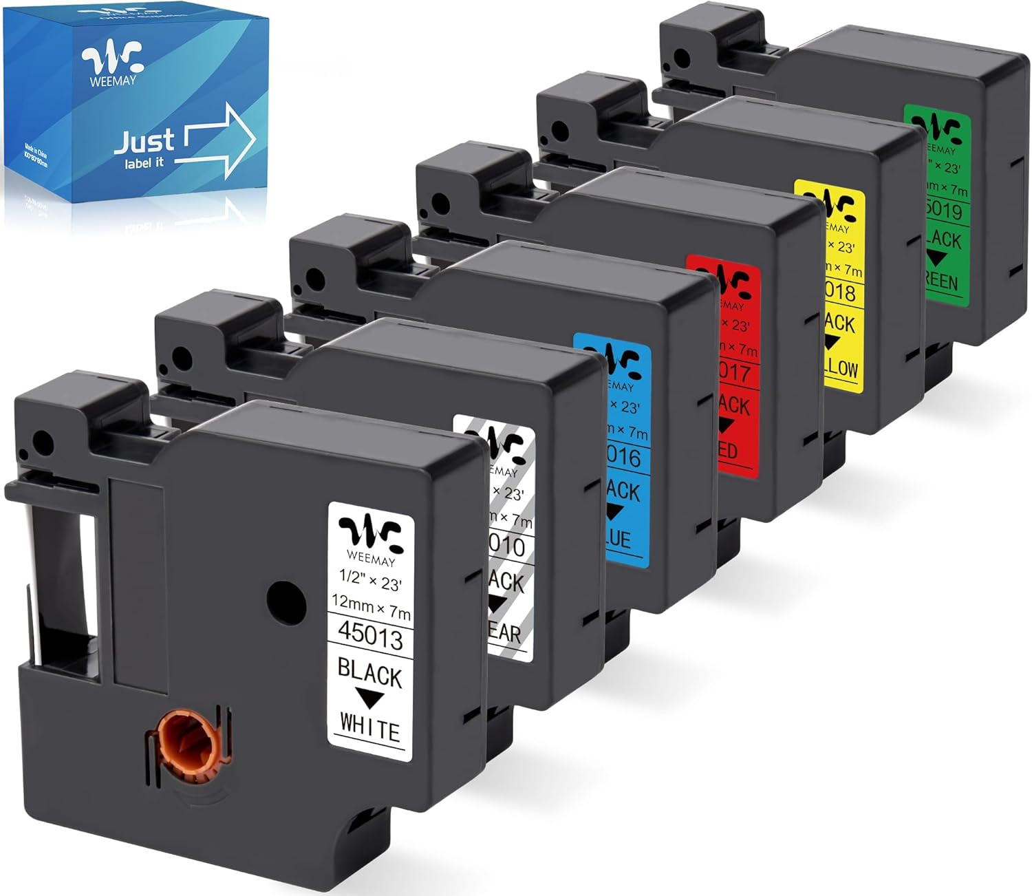 Weemay 6 Pack Compatible with Dymo Label Maker Refills D1 1/2 Inch Tape 45010 45013 45016 45017 45018 45019 12Mm D1 Color Tape for Labelmanager 160 280 210D 360D 420P Pnp 450D Printer, 1/2&rdquo; W X 23&rsquo; L