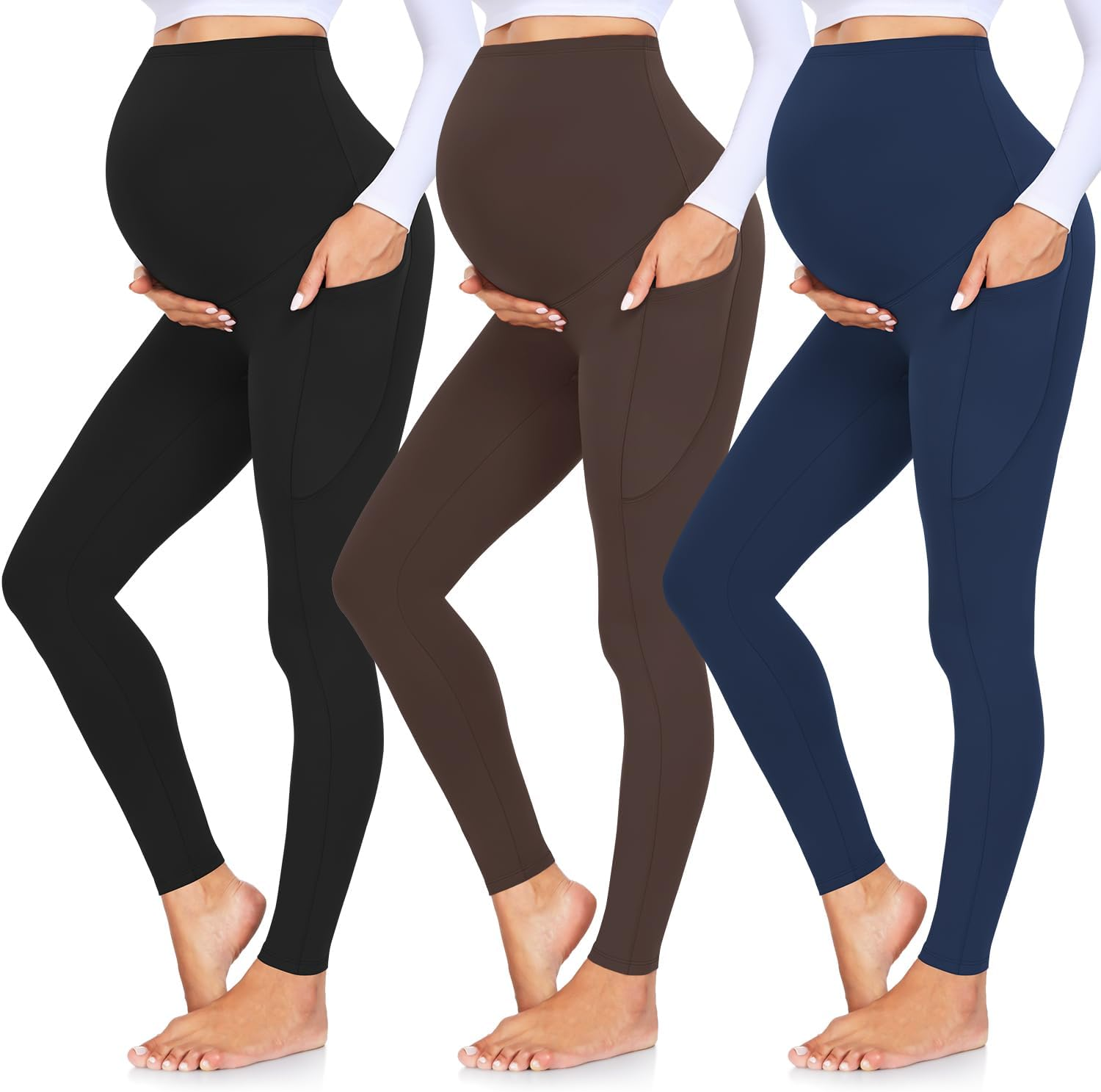 GROTEEN 3 Pack Women'S Maternity Leggings over the Belly with Pockets Super Soft Workout Pregnancy Yoga Pants