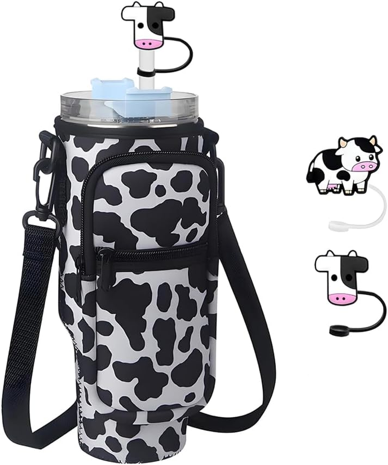 Cute Water Bottle Holder Bag Stanley Cup Bag, Cow Print Water Bottle Pouch with Adjustable Shoulder Strap, Stanley Cup Holder with 2Pcs Cow Straw Covers for Hiking, Camping, Fishing image number 3
