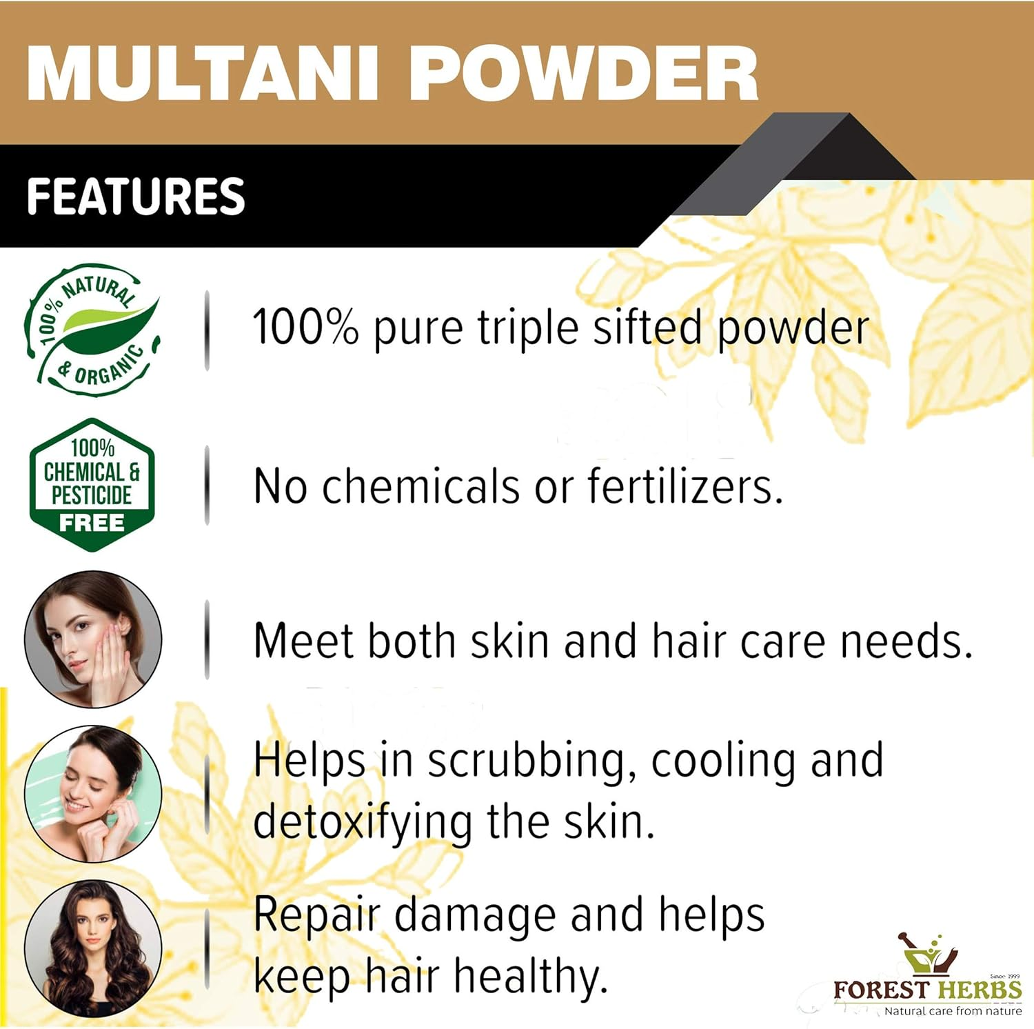 The Forest Herbs Natural Care from Nature Organic Multani Mitti Powder (Fullers Earth/Calcium Bentonite Clay) for Face & Hair Pack - 200Gms image number 3