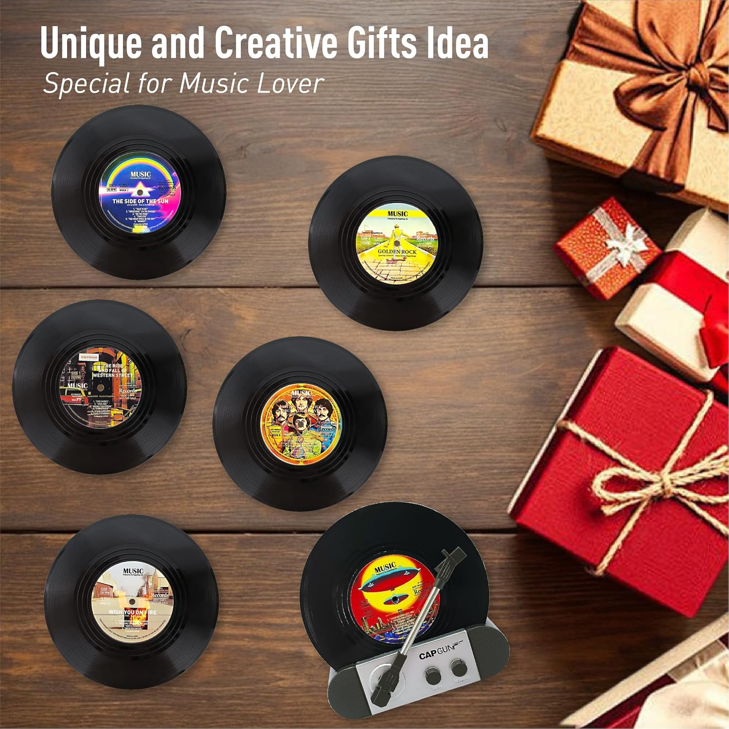 Funny Retro Record Coasters with Vinyl Player, Set of 6 Pcs Music Saying Drink Coasters, Bars, Party, Birthday, Housewarming Hostess, White Elephant Gifts Ideas, Funny Gifts for Music Lover image number 4