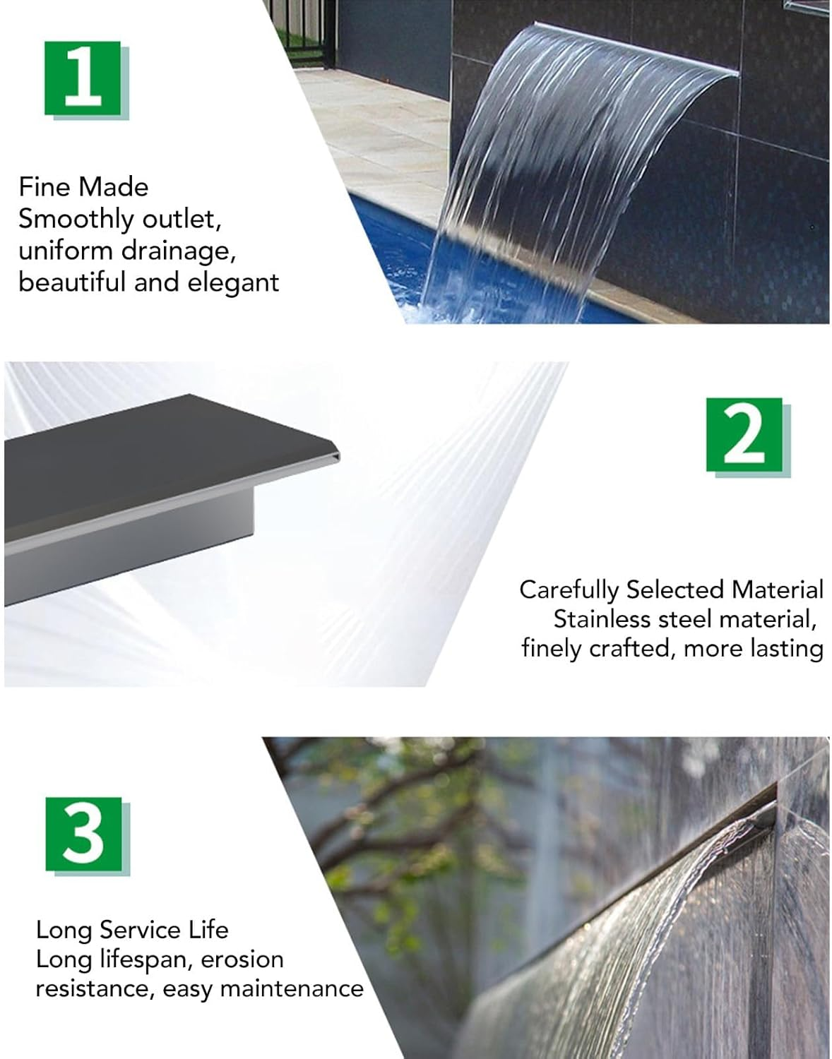 Waterfall Pool Fountain, 304 Stainless Steel Pool Waterfall Spillway with Pipe Connector, Decorative Fountain Spillway, Wide Top Opening Outlet for Outdoor (500MM) image number 6