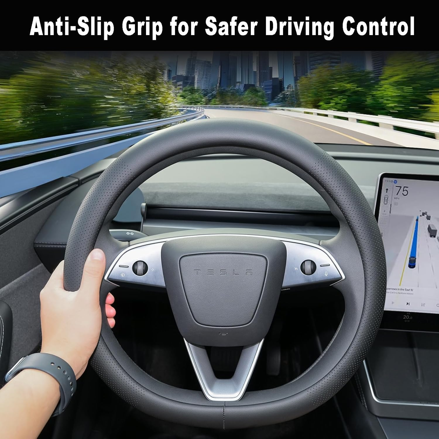 MAEZOE Nappa Leather Steering Wheel Cover for Tesla Model 3/Y 2016&ndash;2026 Juniper/Highland, Ultra-Thin D-Shaped Grip, Breathable & Non-Slip for Commuters, Family, Daily Driving image number 1