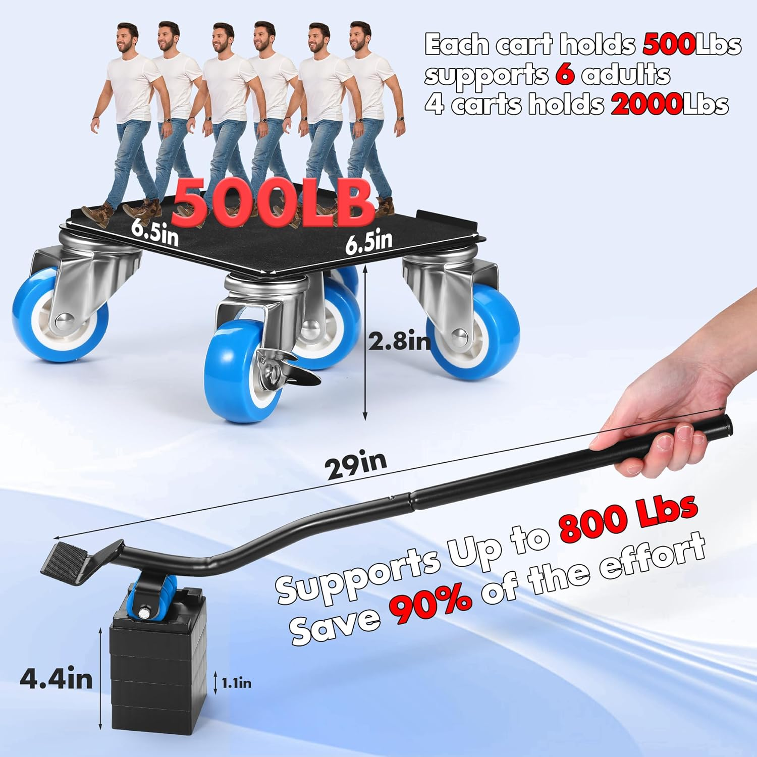 Heavy Duty Furniture Moving Tool Set, Supports up to 500 KG, 5 Wheel Metal Furniture Dolly, Appliance Sliders with Wheels, Furniture Lifter Tool (Blue, 16 CM *16 CM) image number 5