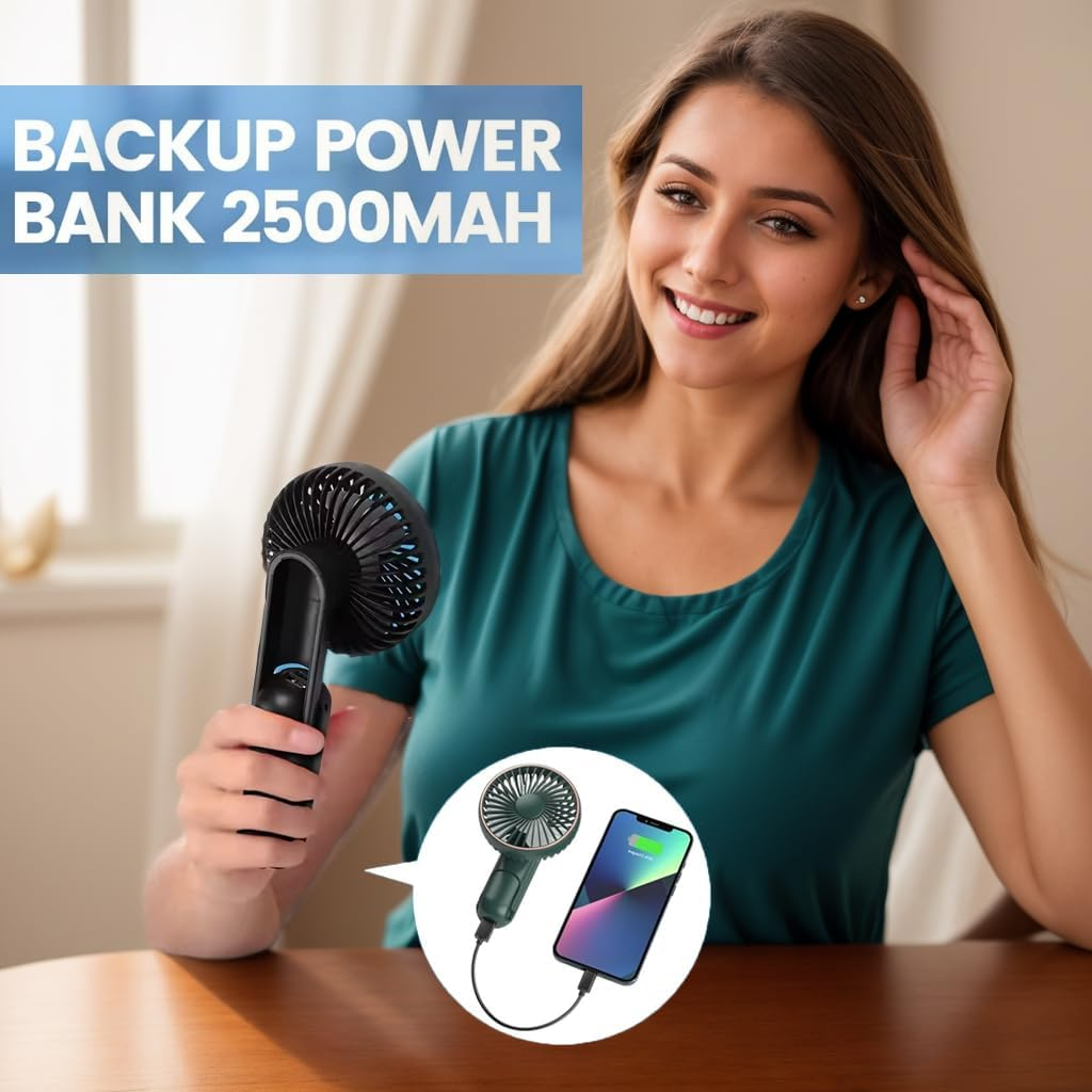 H HOME-MART 3 in 1 Portable Handheld Fan, Portable Fan Rechargeable, 180&deg; Adjustable, 5 Speed Wind, Display Electricity in Real Time, USB Rechargeable Foldable Fan, Quiet Personal Fan (Black)