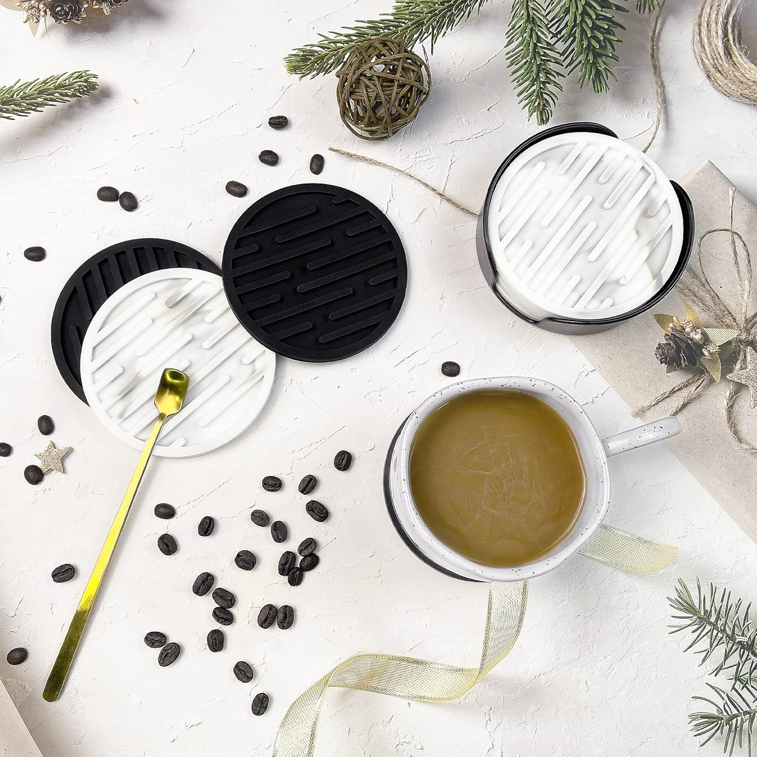 Coasters for Drinks Set of 6,Silicone Coasters for Coffee Table with Holder,Thickened,Easy to Clean,Non-Slip for Wooden Table,Bar,Fits Any Size of Cup (Marble Pattern) - Marble Pattern image number 4