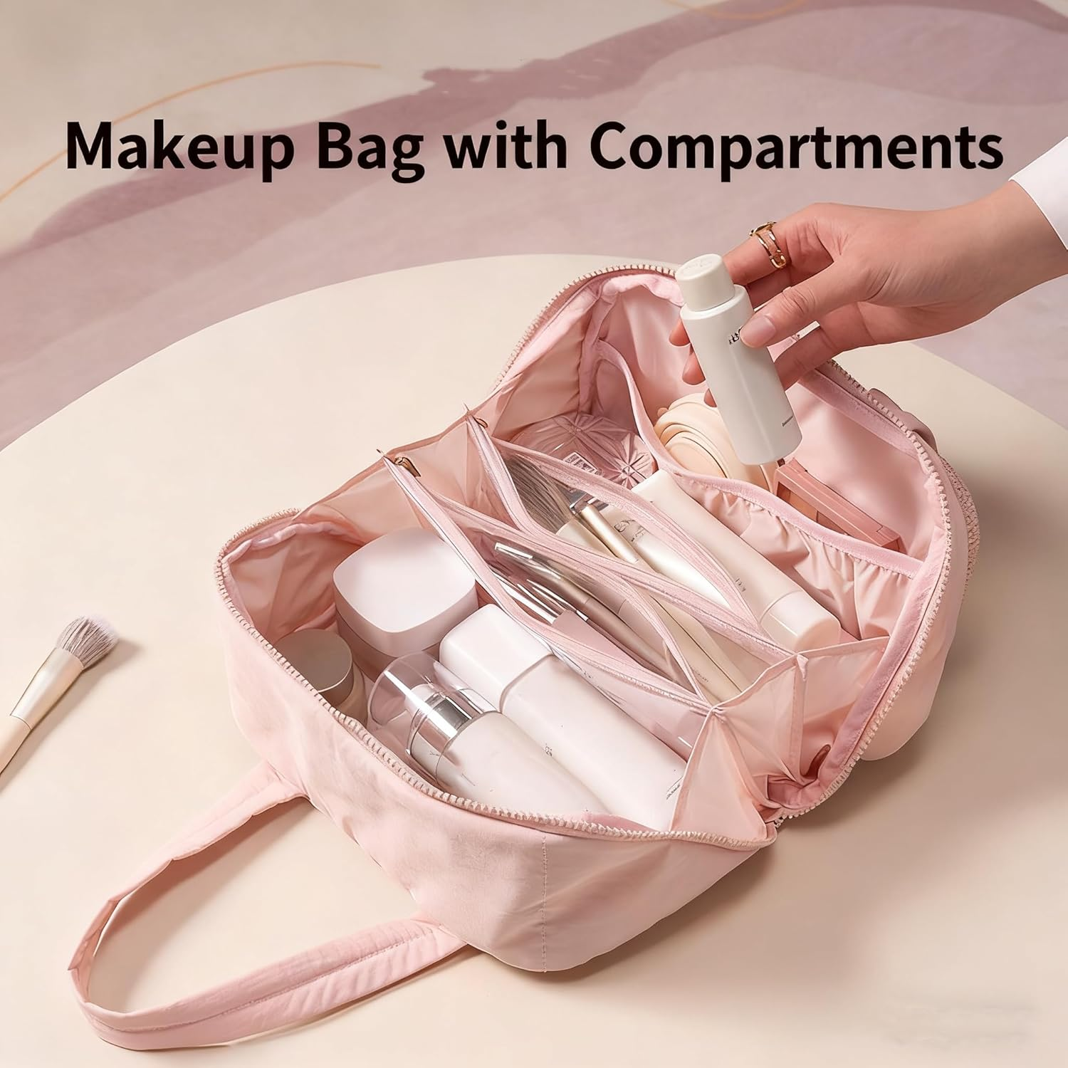 Toiletry Bag for Women, Lylilidy Large Makeup Bag with Multi-Compartments, Lightweight Cosmetic Bag, Waterproof Travel Toiletries Organiser for Women & Girls (Pink) image number 4