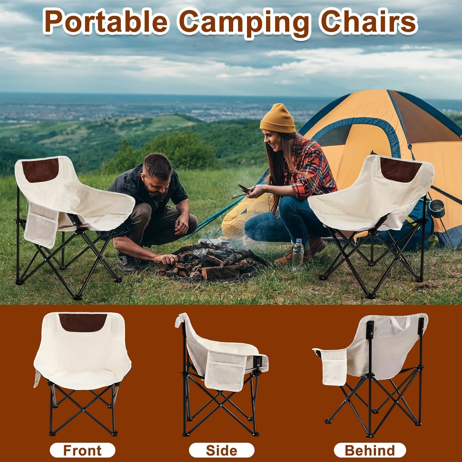 XICEN Portable Folding Camping Chair for Adult, Lightweight Outdoor Chair with Carry Bag, Travel Picnic Hiking Load Folding Chairs for Outside, Garden Beach Chair Oversized with Storage Bag, White - Black image number 4