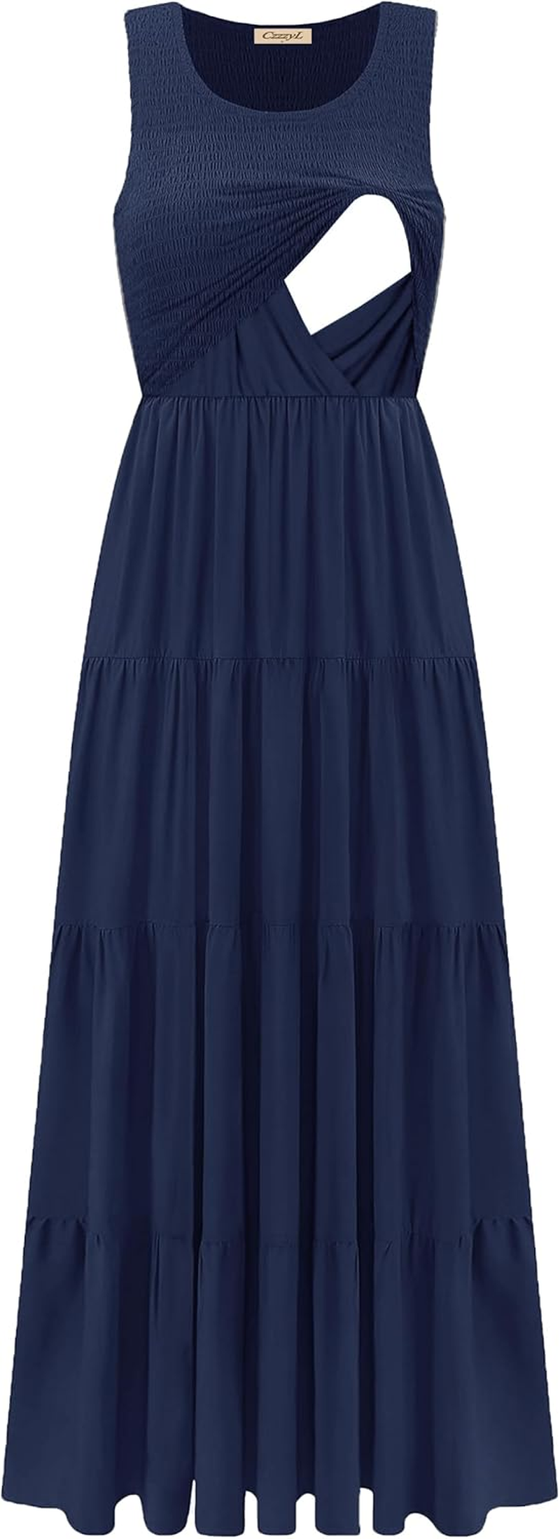 Women'S Nursing Dresses Smocked Crew Neck Summer Sleeveless Tiered Maxi Dress with Pockets image number 2