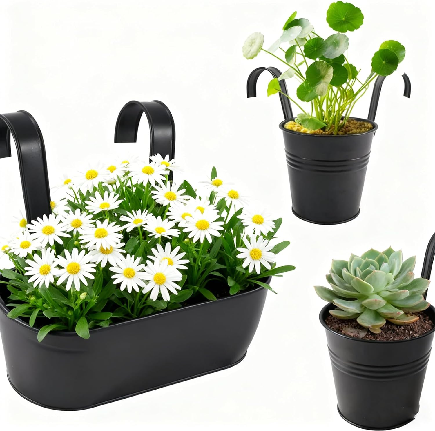 10.5 Inch Rust-Resistant Iron Suspended Planters with Railing Mount for Rustic Style Window Plant Holder Featuring Detachable Hooks, Easy to Install for Patio and Garden, 10.5 Inch, Black, 5 Pack image number 6