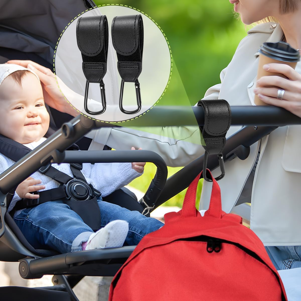 2 Pcs Baby Bag Clips, Leather Buggy Clips Multipurpose Hooks Pram Clips, Pushchair Clips Baby Stroller Hooks with Sturdy Carabiner and Strong Magic Adhesive for Hanging Shopping Handbag Changing Bag image number 2