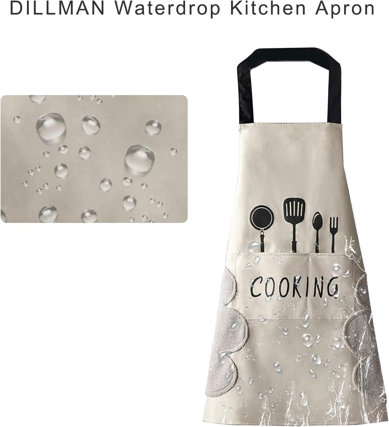 DILLMAN Women Kitchen Apron with Hand Wipe Pockets，Big Pocket,Hand-Wiping, Waterproof for Cooking Baking, Black + White - Blue image number 2