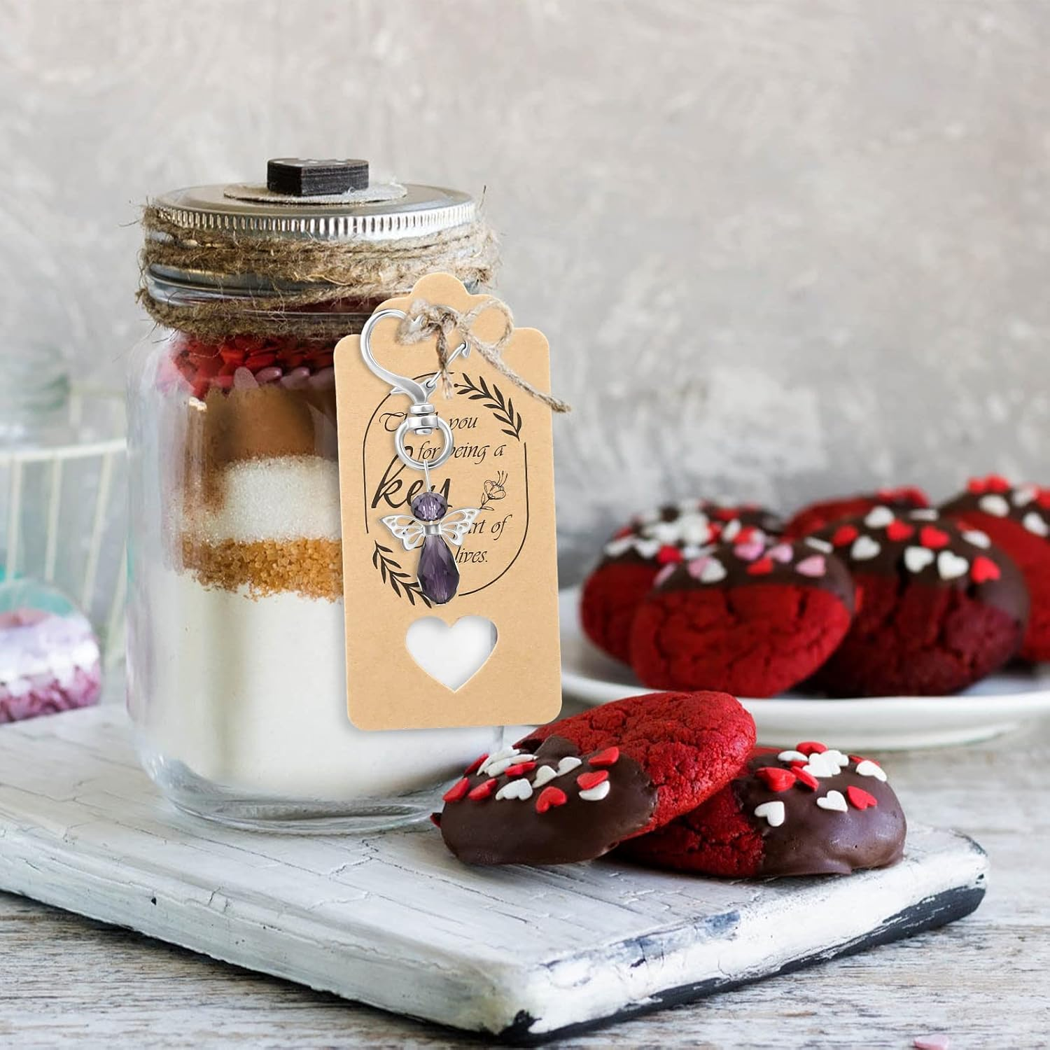 GWHOLE 20 Sets Angel Keychain with Organza Bags & Thank You Tags Baby Shower Return Gifts for Guests Baptism Favors Angel Wings Pendant for Baby Shower, Bridal Shower, Wedding - Purple & Clear image number 4