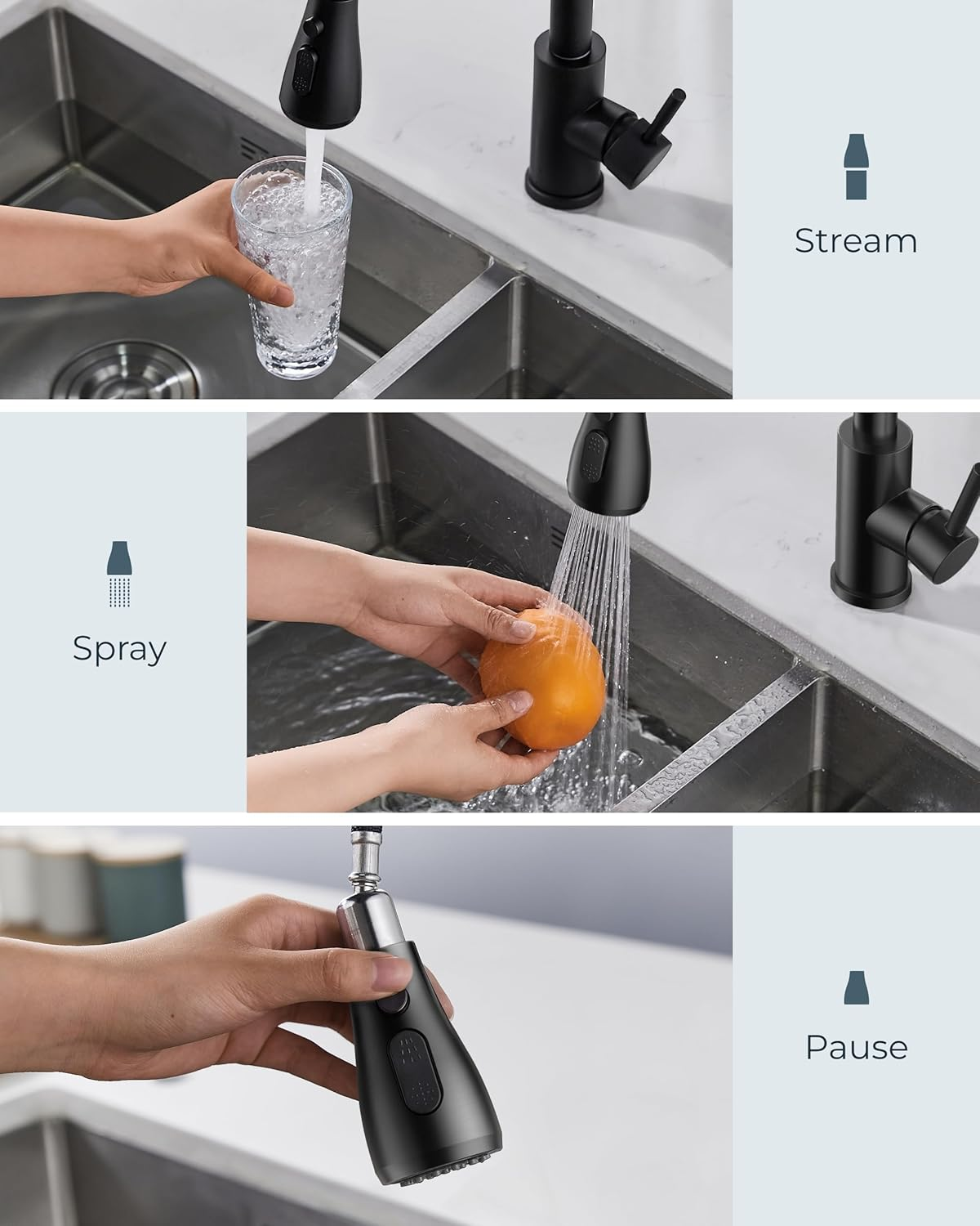 FORIOUS WELS Kitchen Sink Taps Mixer with Pull Out Spray, Swivel Single Handle High Arc Pull down Stainless Steel Kitchen Tap, Matte Black - Matte Black image number 5