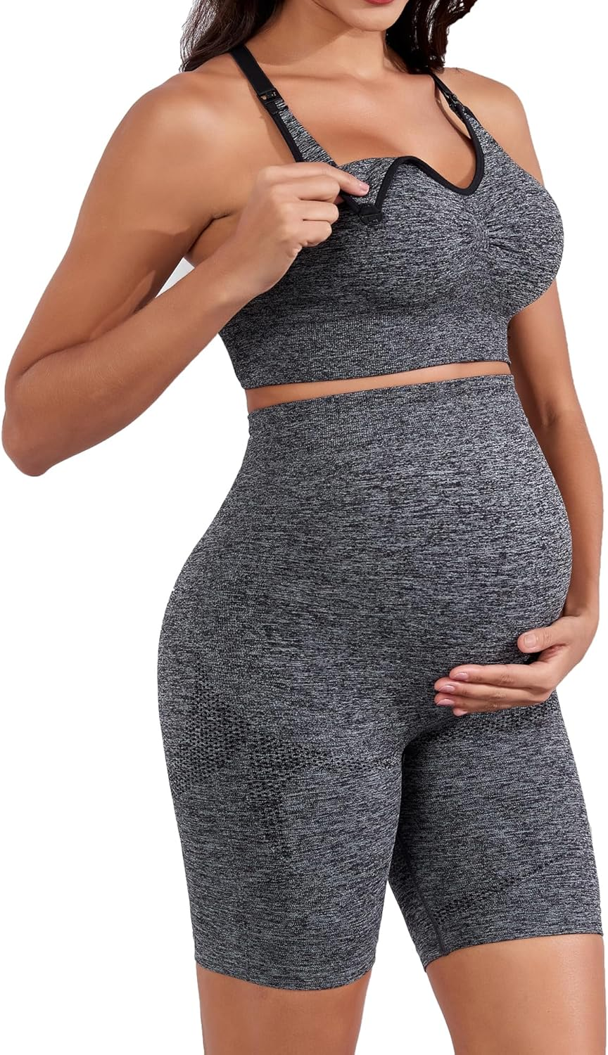Lataly Womens Nursing Maternity 2 Piece Workout Set for Breastfeeding-Bra&Yoga Shorts for Pregnancy Activewear Outfit