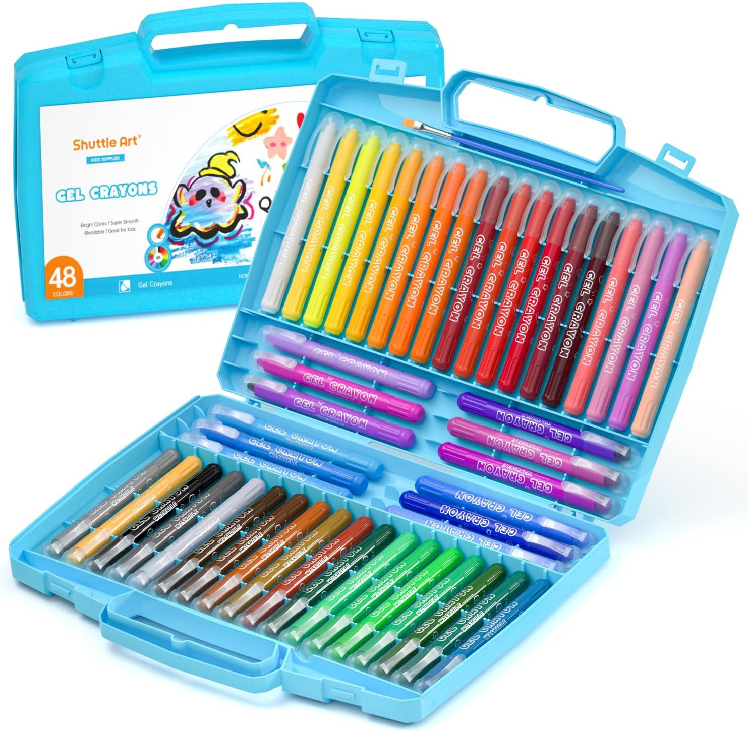 Shuttle Art Gel Crayons for Toddlers, 48 Colours Non-Toxic Crayons Set with 1 Brush and Foldable Case for Kids Children Colouring, Crayon-Pastel-Watercolour Effect, Ideal for Paper image number 2