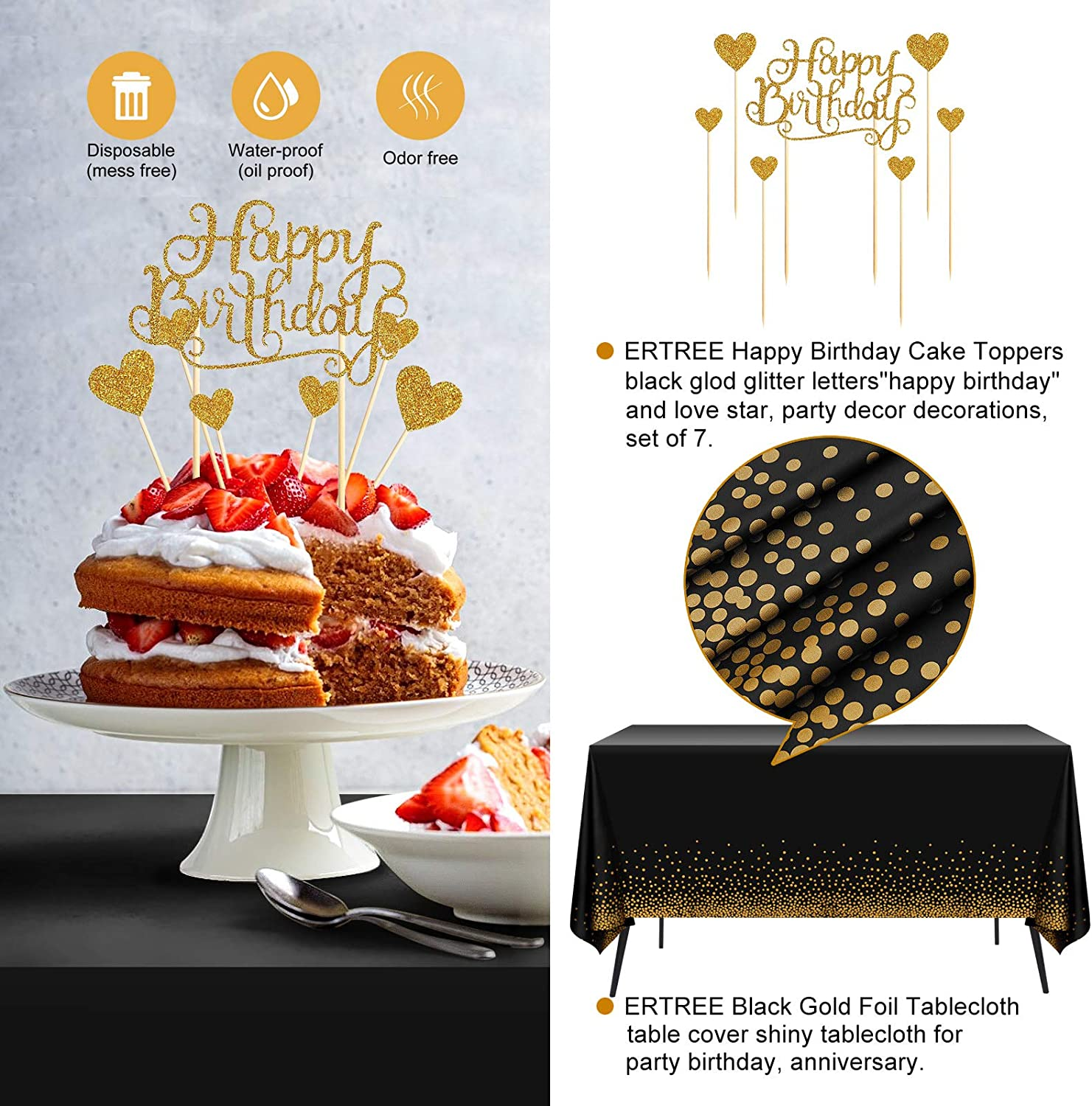 70Th Birthday Decorations - Black & Gold Party Supplies for Him & Her, Including Balloons, Curtain, Tablecloth, Photo Props, Foil Balloons, Sash image number 3