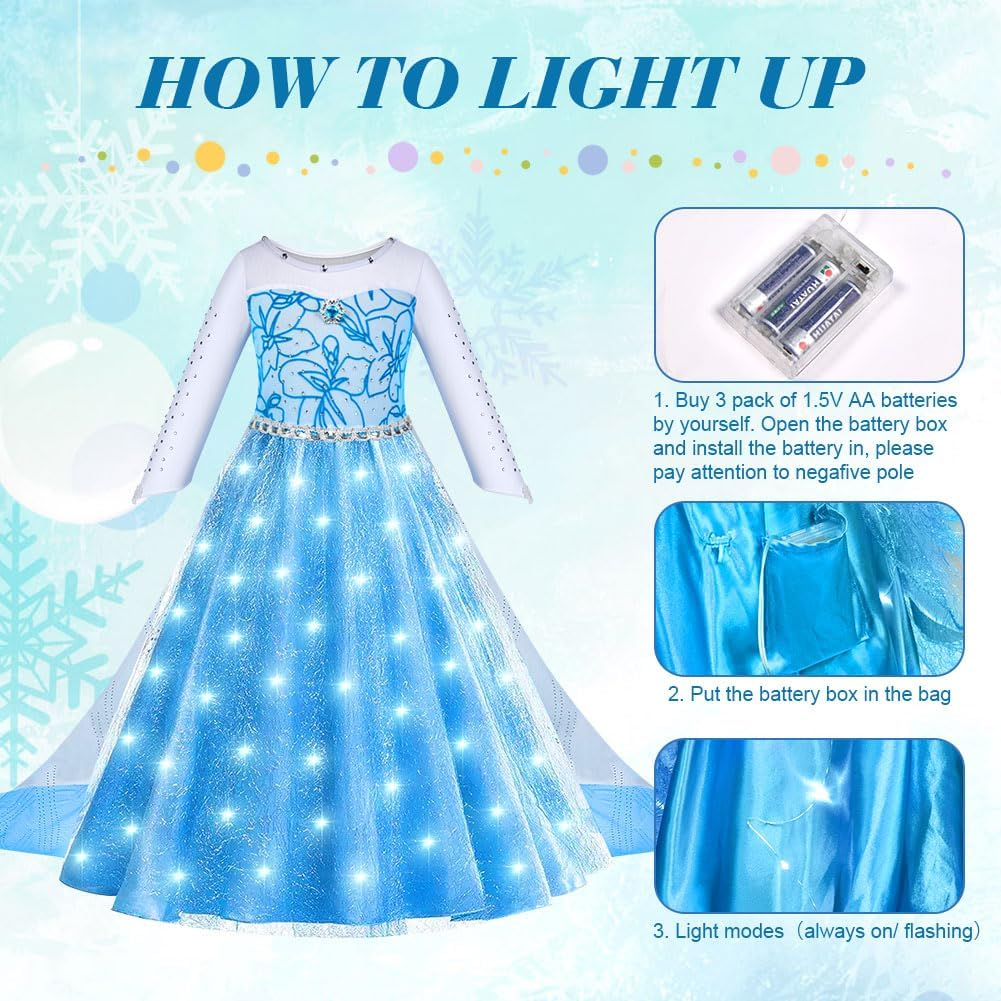 ACWOO Princess Costumes for Girls, Light up Magical Snow Princess Dress, Light up Princess Dress Girls, Christmas Halloween Elsa Dress with LED, Princess Fancy Dress for Birthday, Cosplay image number 6