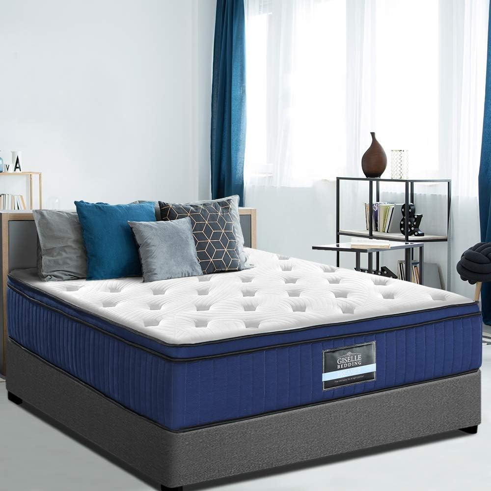 Giselle Bedding Double Mattress Bed Mattresses Cool Gel Memory Foam 34Cm Thickness, with 7-Zone Pocket Spring System and Breathable Euro Top, 5Yrs Warranty, Medium Firm, White + Blue Vacuum Packed