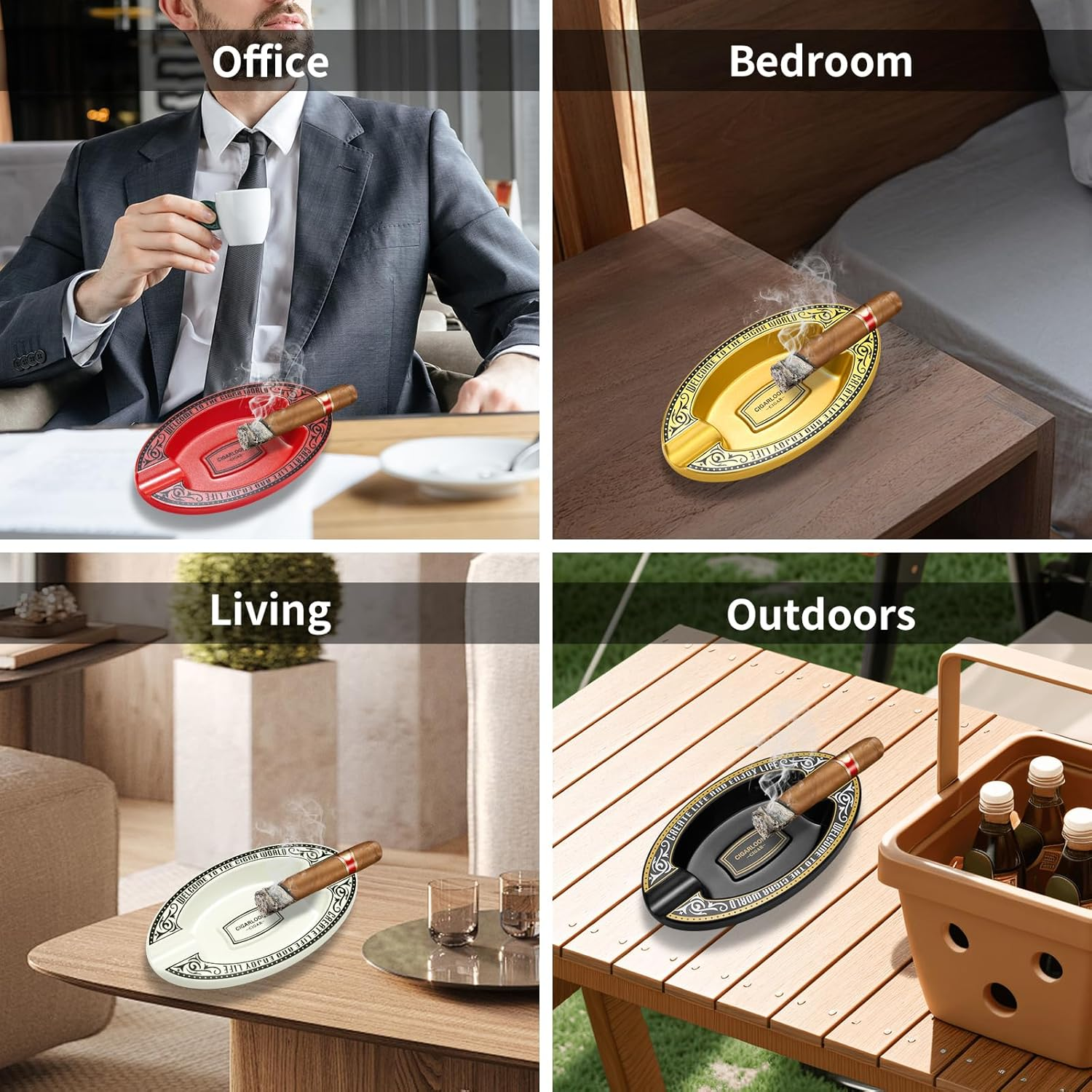 Outdoor Cigar Ashtray, Resin Ashtray, Portable Oval Cigar Ashtray with 2 Slot for Home, Patio, Travel Use(Black)