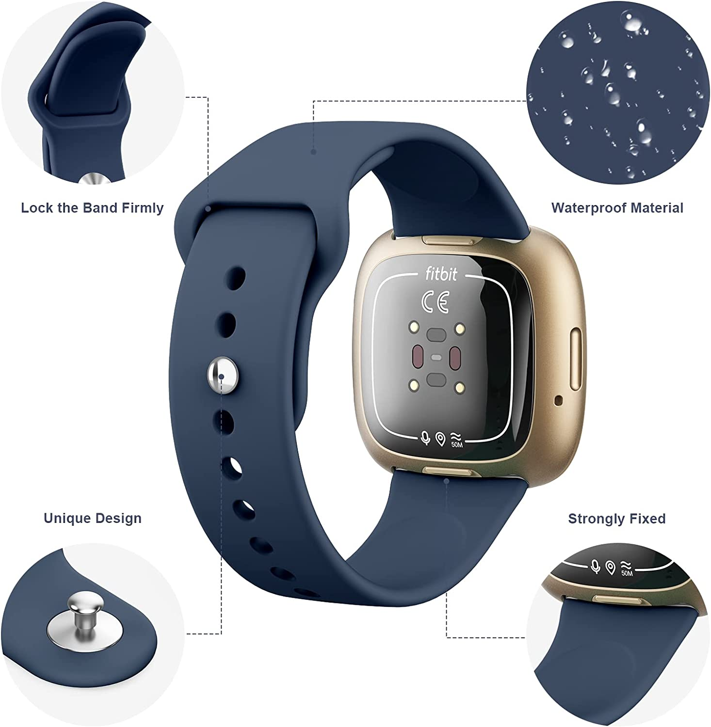 WAESRY [4 Pack] Silicone Bands for Fitbit Versa 3 Bands, Sense Band, Soft Adjustable Sport Replacement Wristbands Women/Men / Sense, Black + Navy Light Green Burgundy image number 2